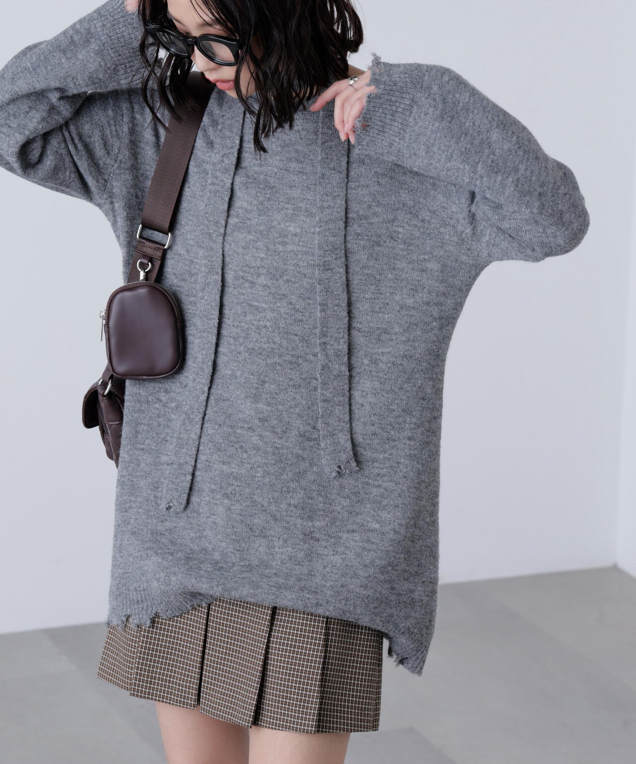 モヘヤ混タイ付きルーズミニワンピース