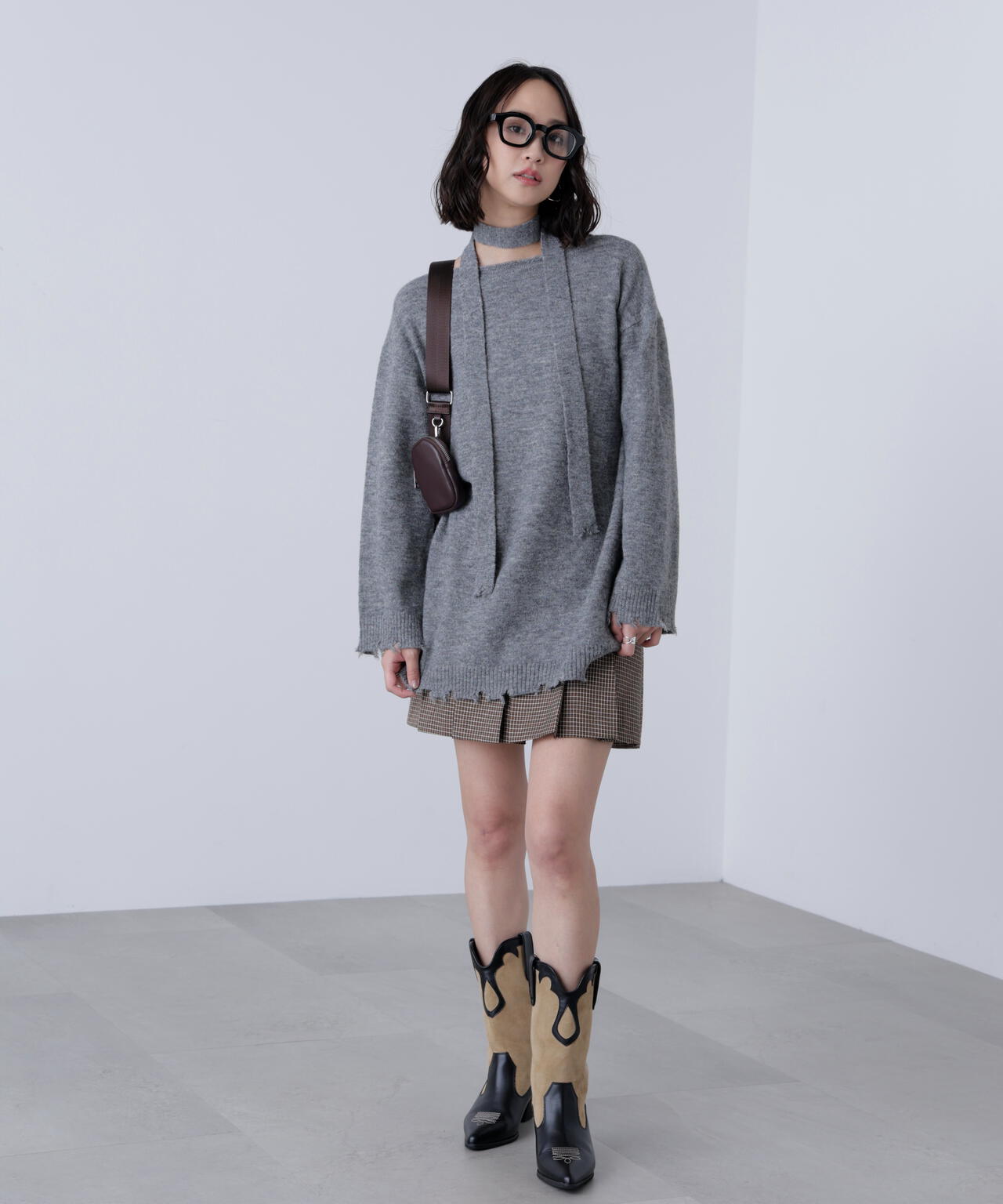 モヘヤ混タイ付きルーズミニワンピース