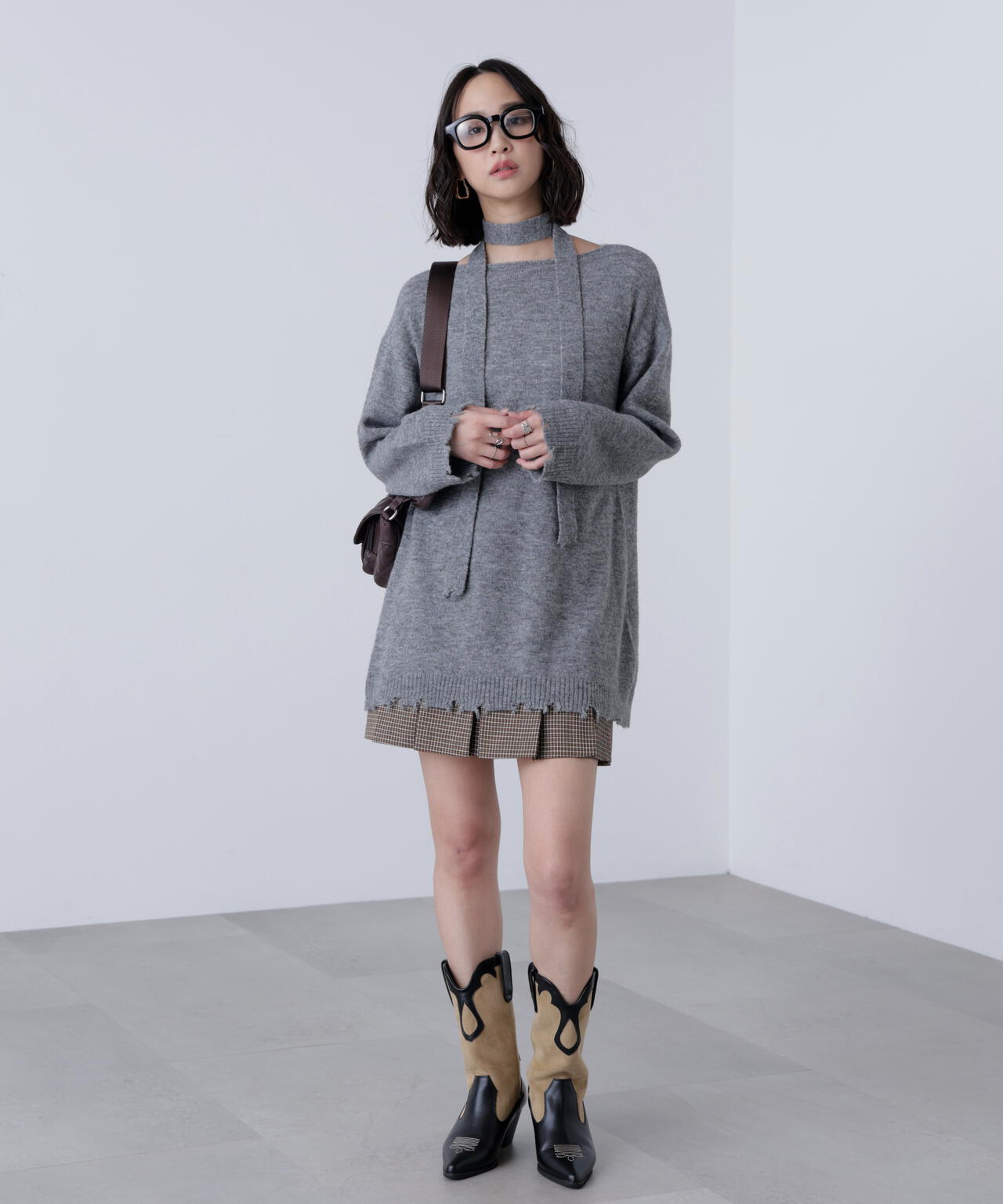 モヘヤ混タイ付きルーズミニワンピース