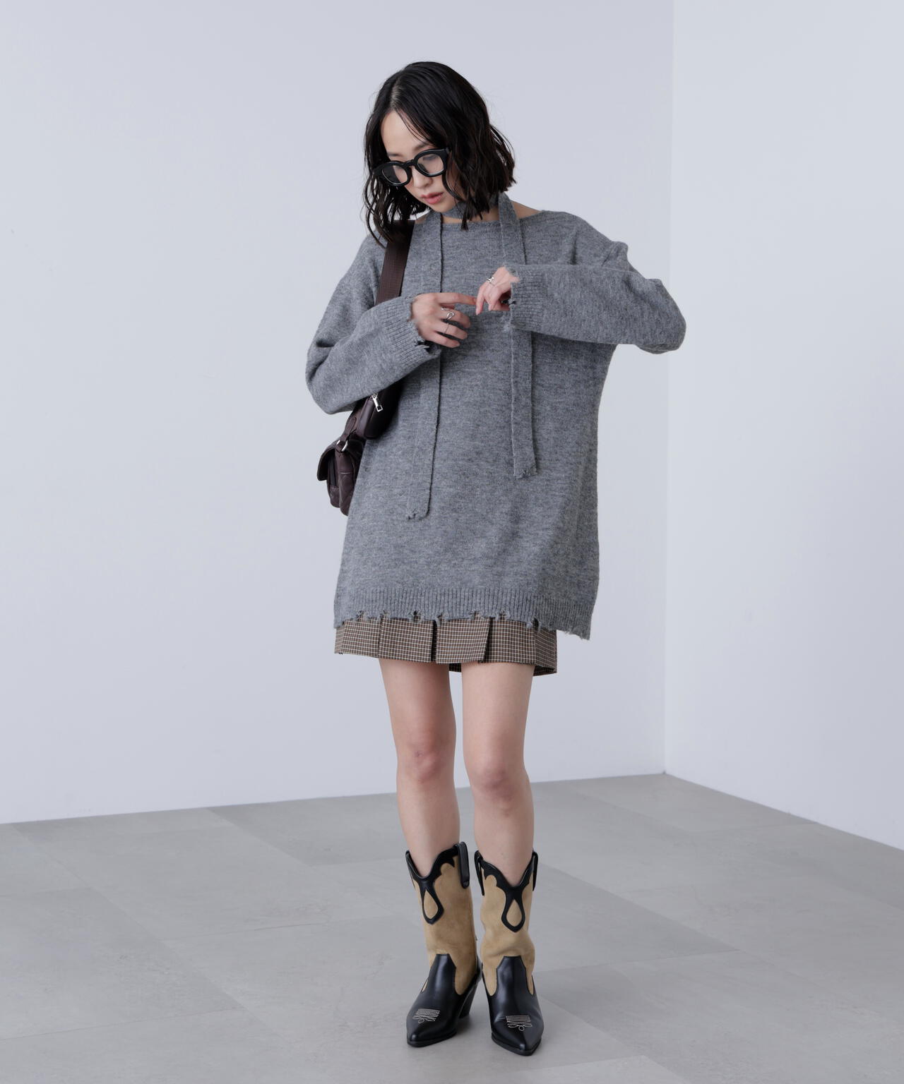 モヘヤ混タイ付きルーズミニワンピース