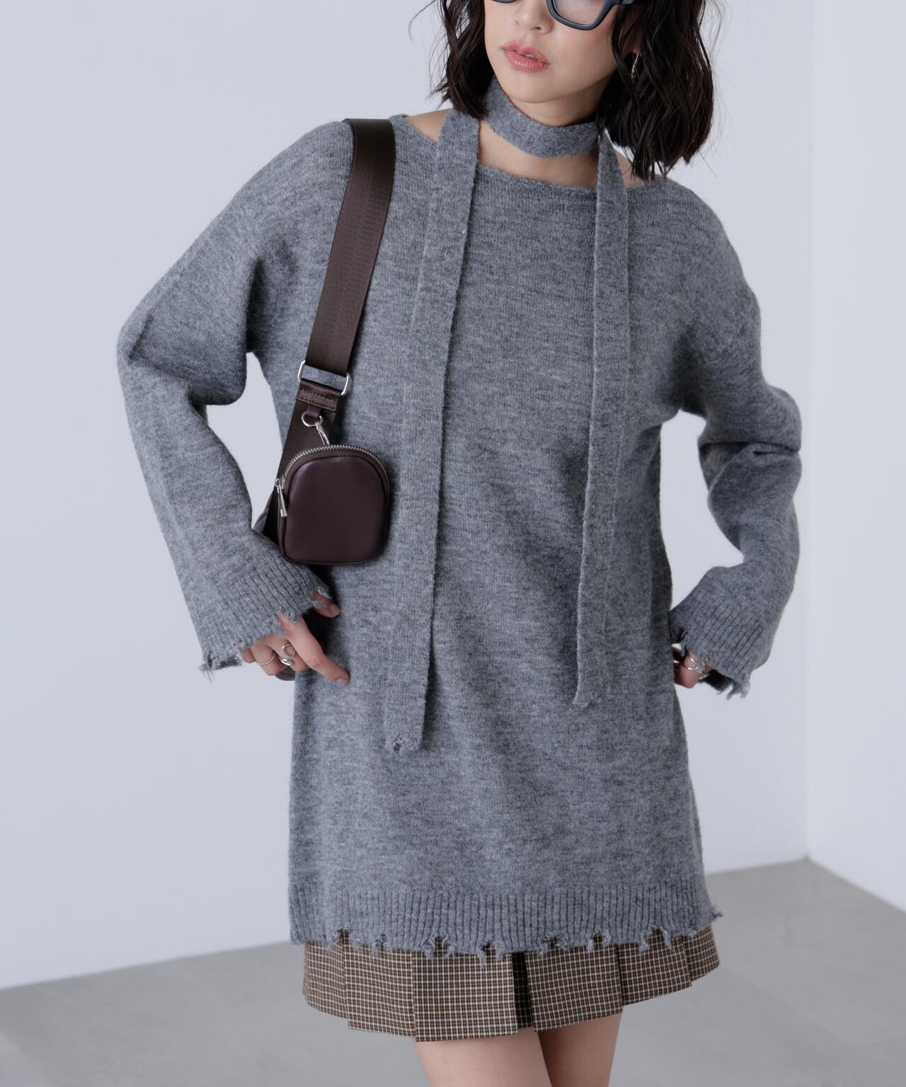 モヘヤ混タイ付きルーズミニワンピース