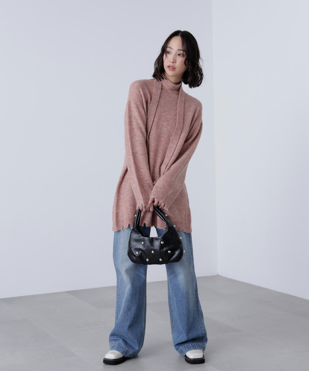 モヘヤ混タイ付きルーズミニワンピース