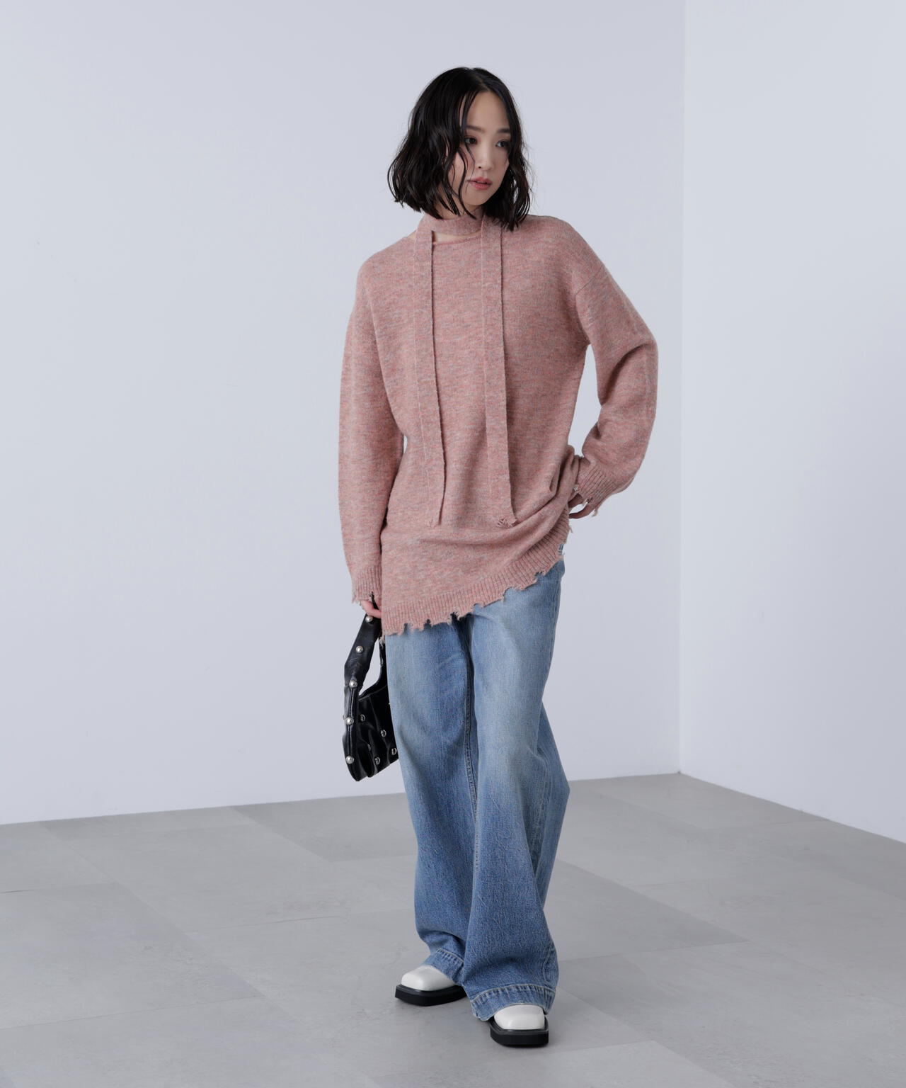 モヘヤ混タイ付きルーズミニワンピース