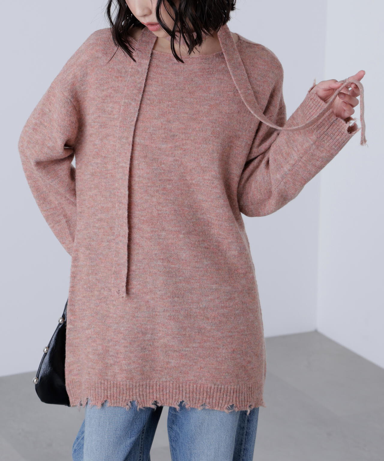 モヘヤ混タイ付きルーズミニワンピース