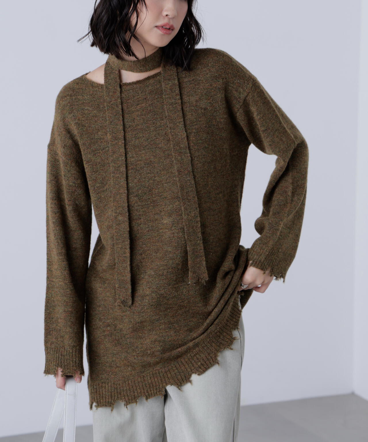 モヘヤ混タイ付きルーズミニワンピース