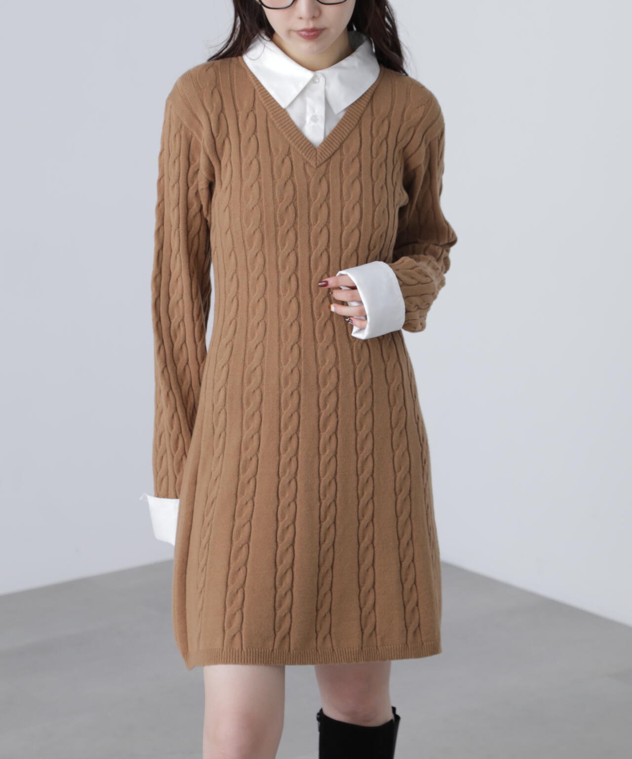 レイヤード風ケーブルニットミニワンピース