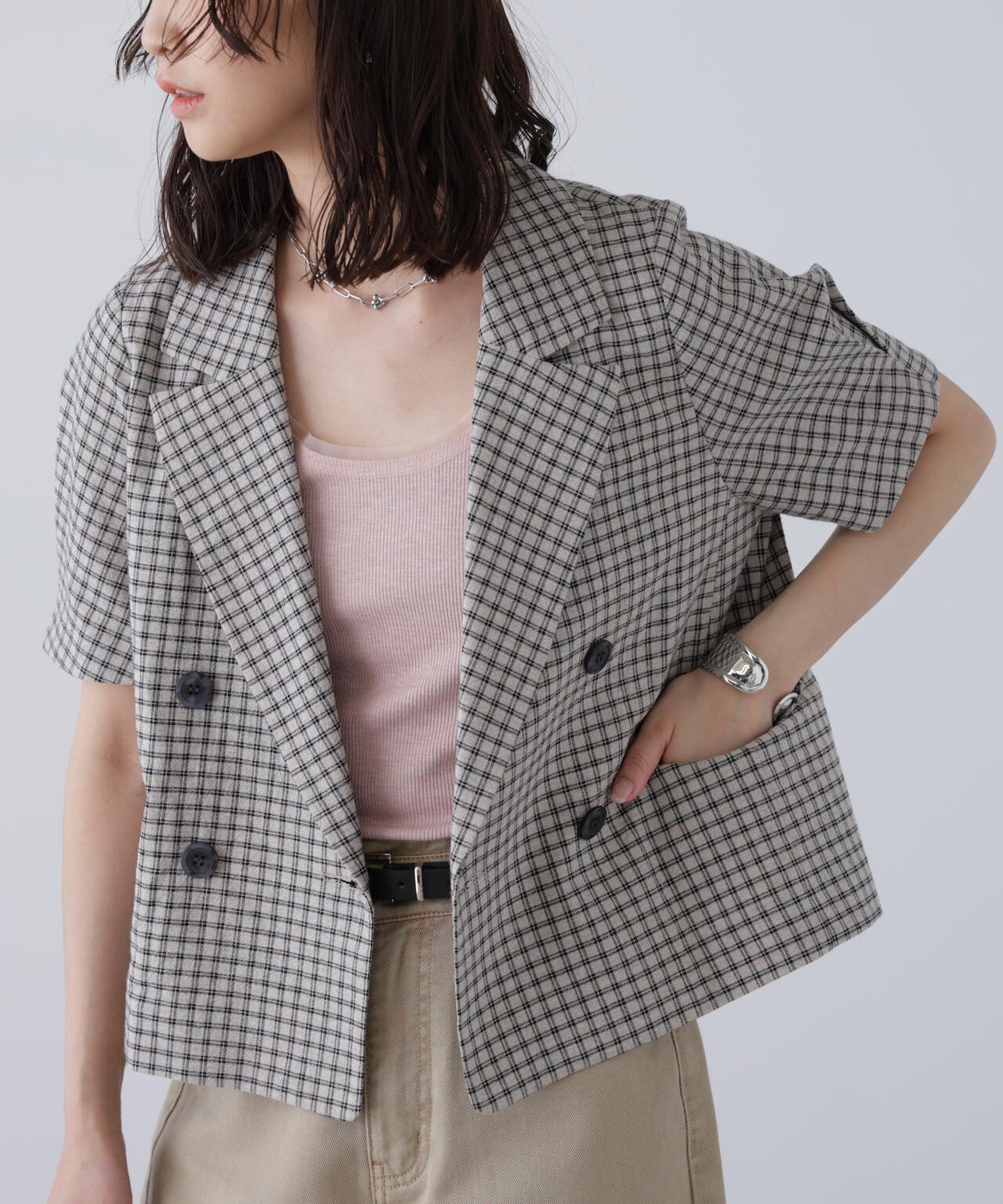 袖コクーンダブルブレストハーフジャケット