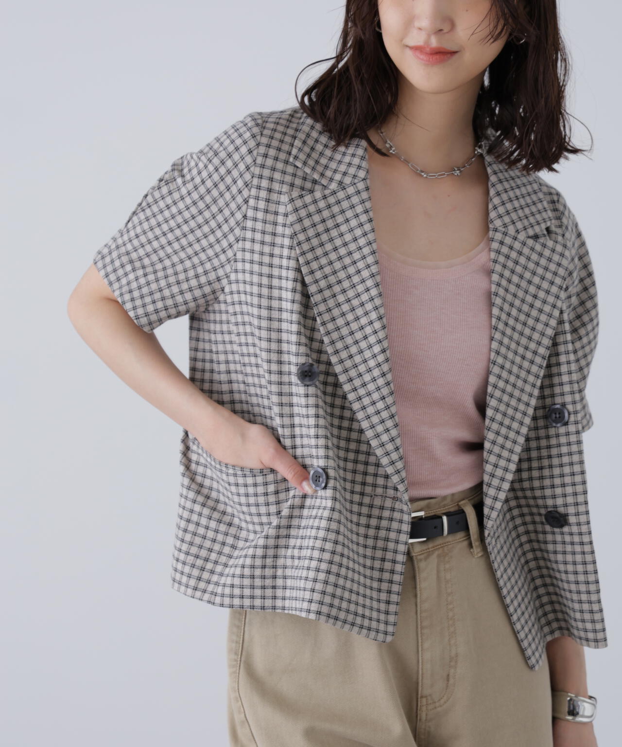 袖コクーンダブルブレストハーフジャケット