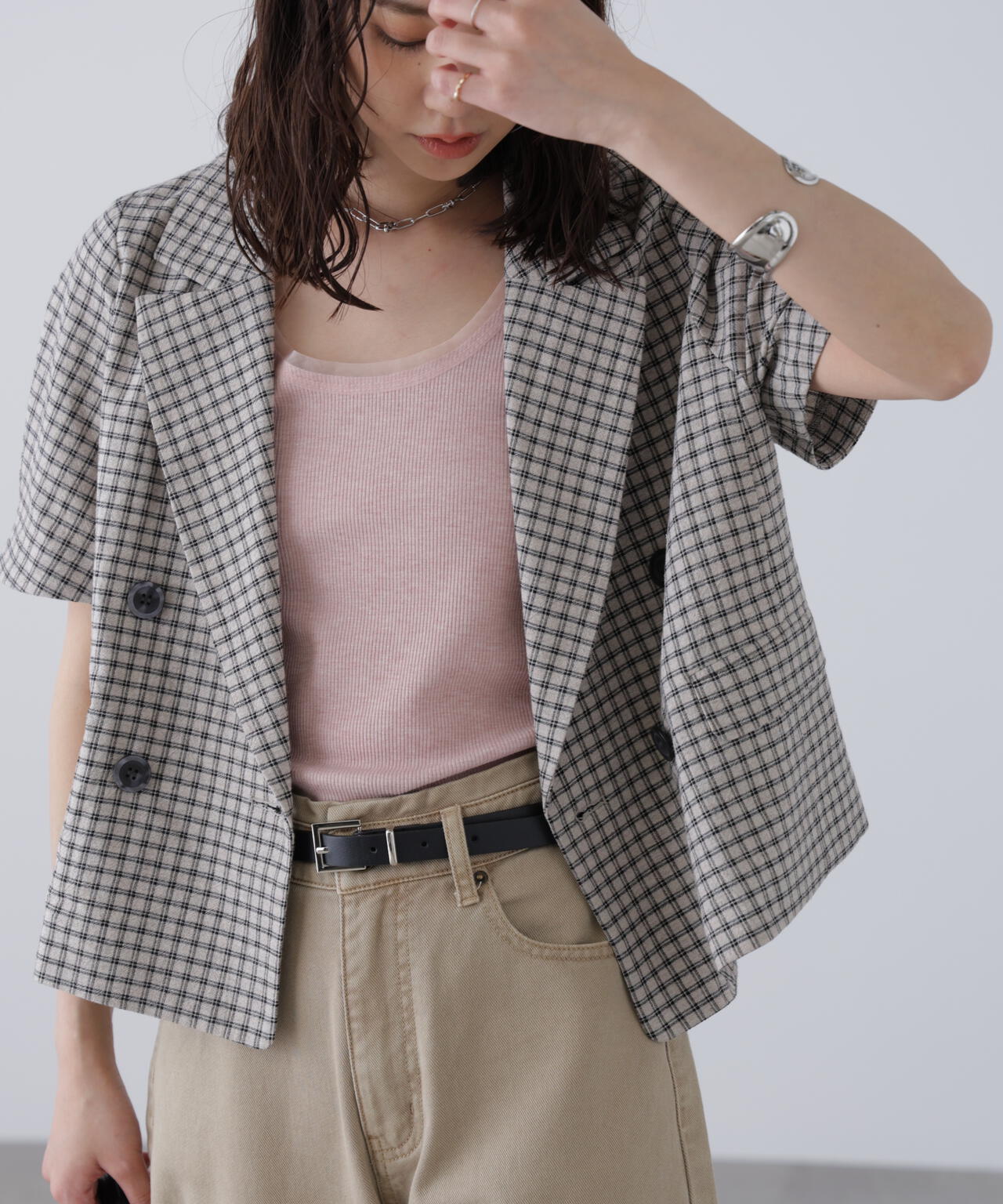 袖コクーンダブルブレストハーフジャケット