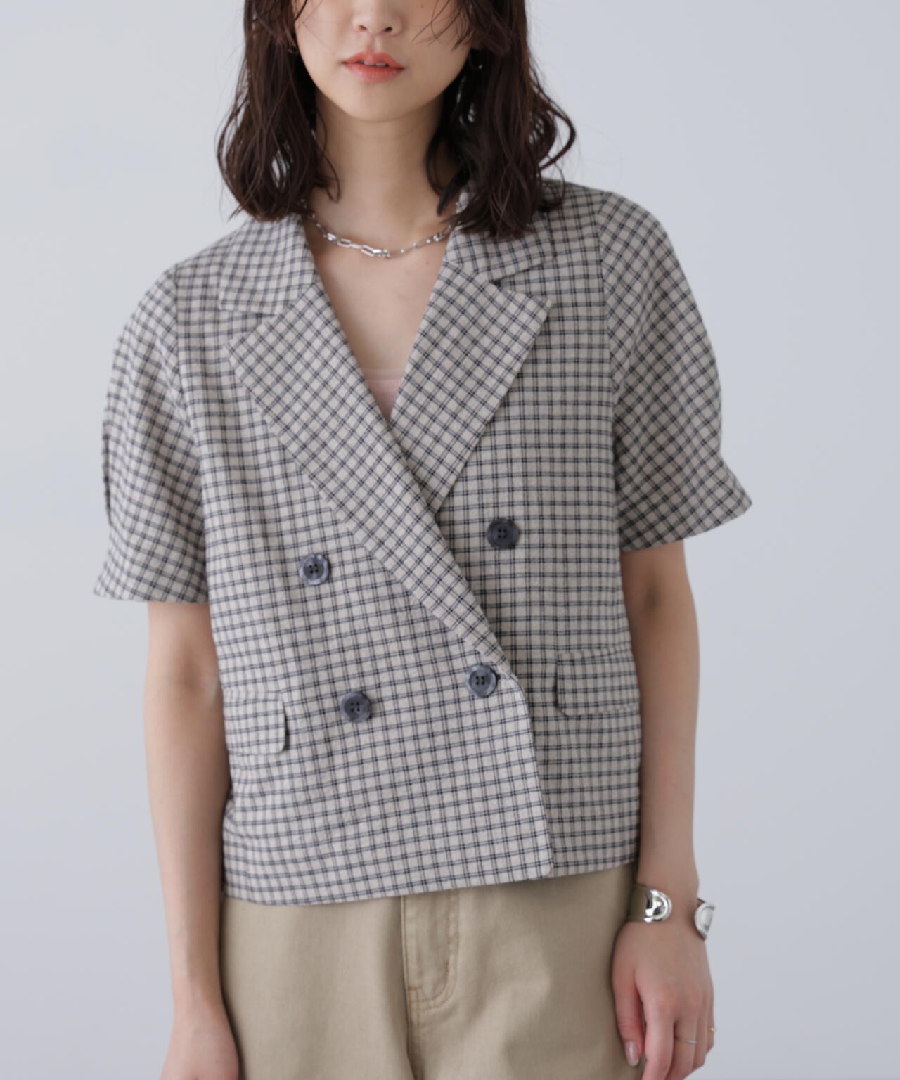 袖コクーンダブルブレストハーフジャケット