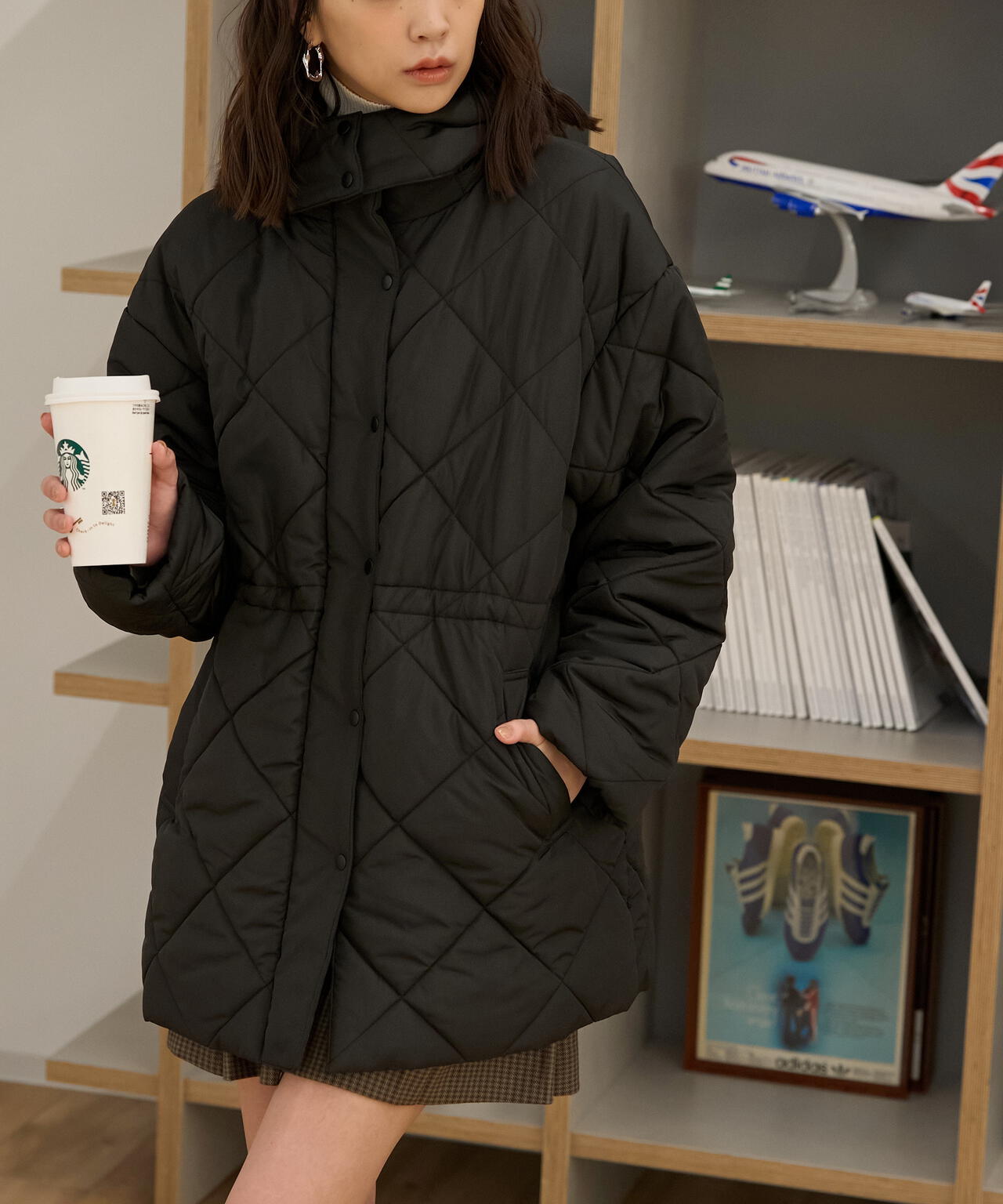 ウエストドロストキルティングコート