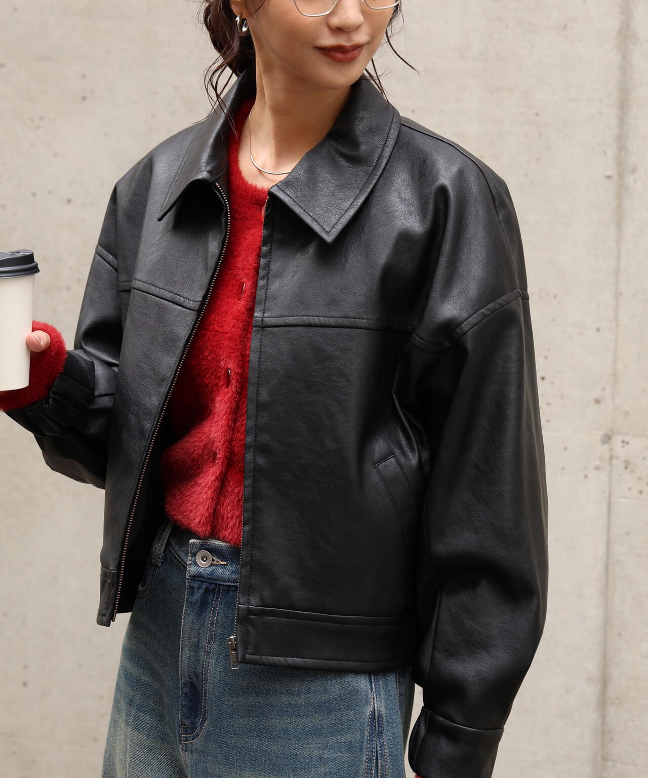 合皮ジップアップブルゾン