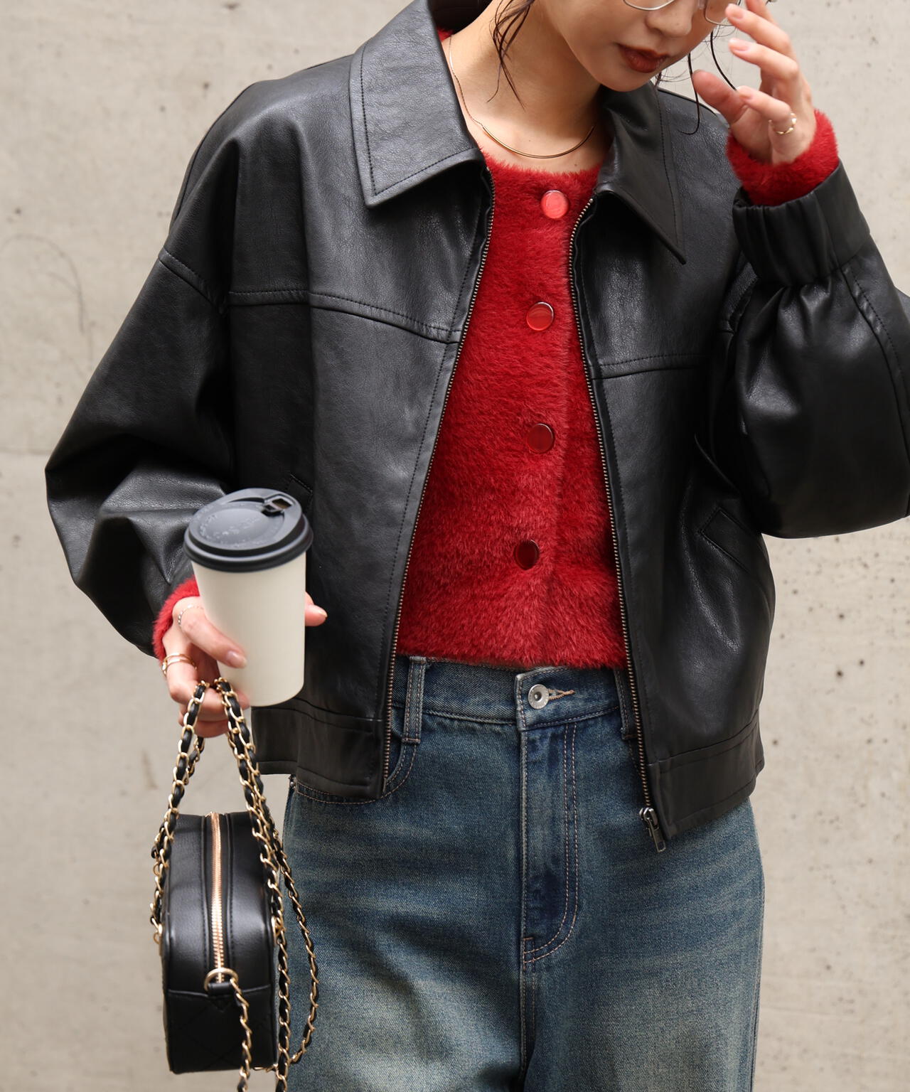 合皮ジップアップブルゾン