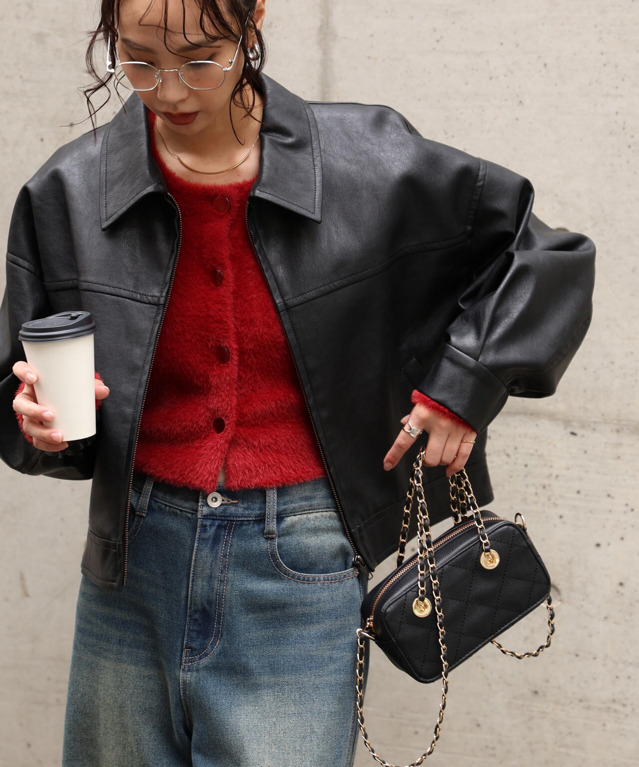 合皮ジップアップブルゾン