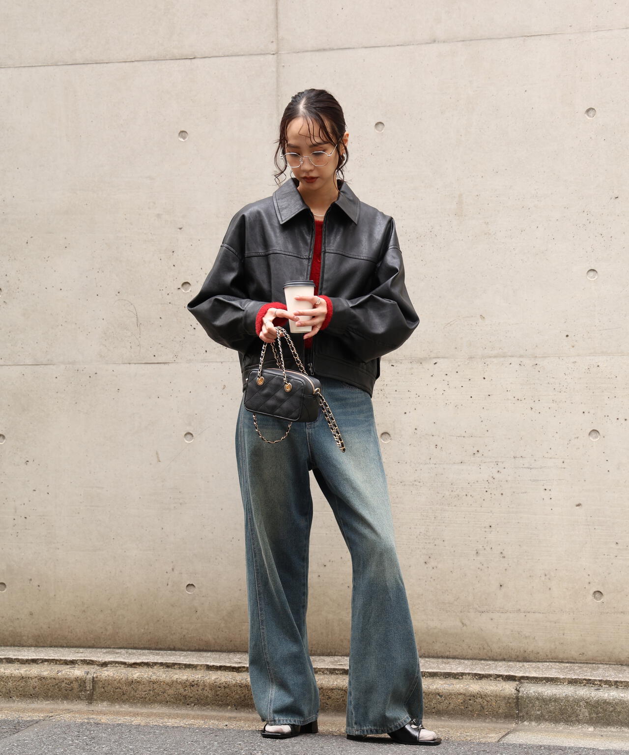 合皮ジップアップブルゾン