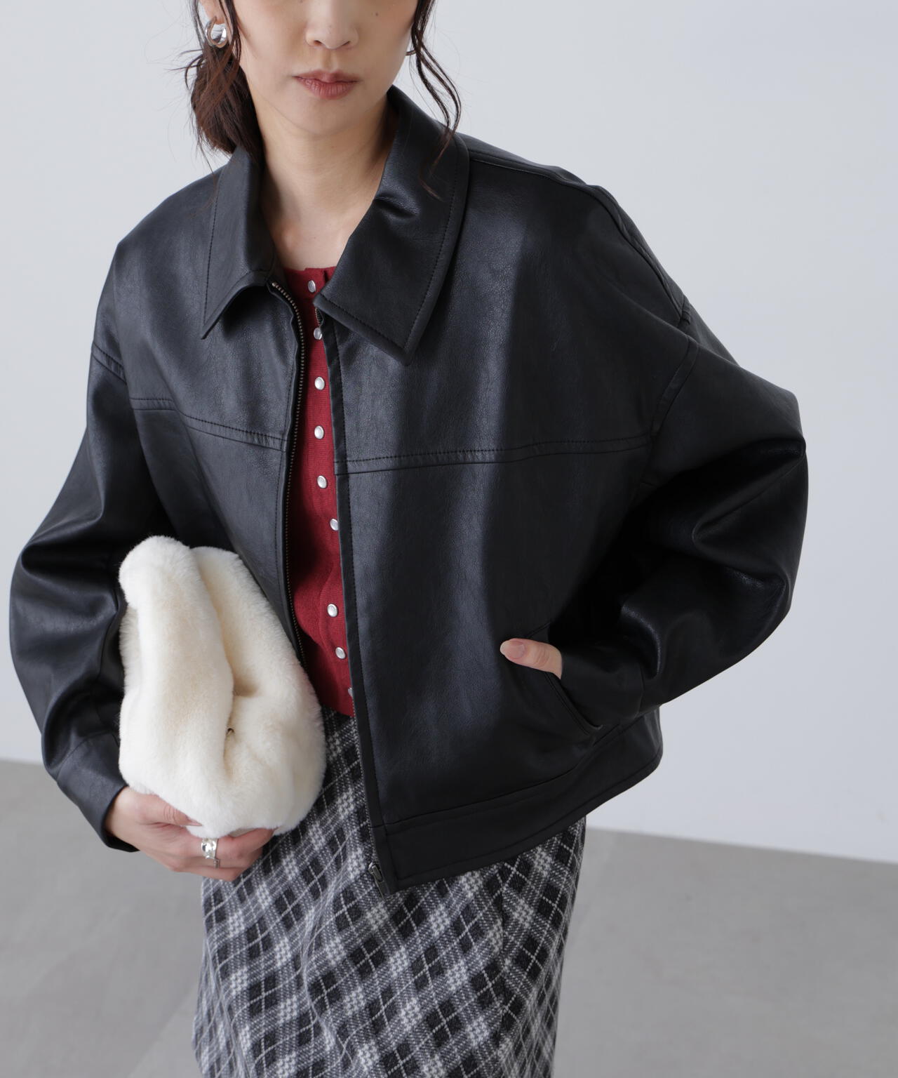 合皮ジップアップブルゾン