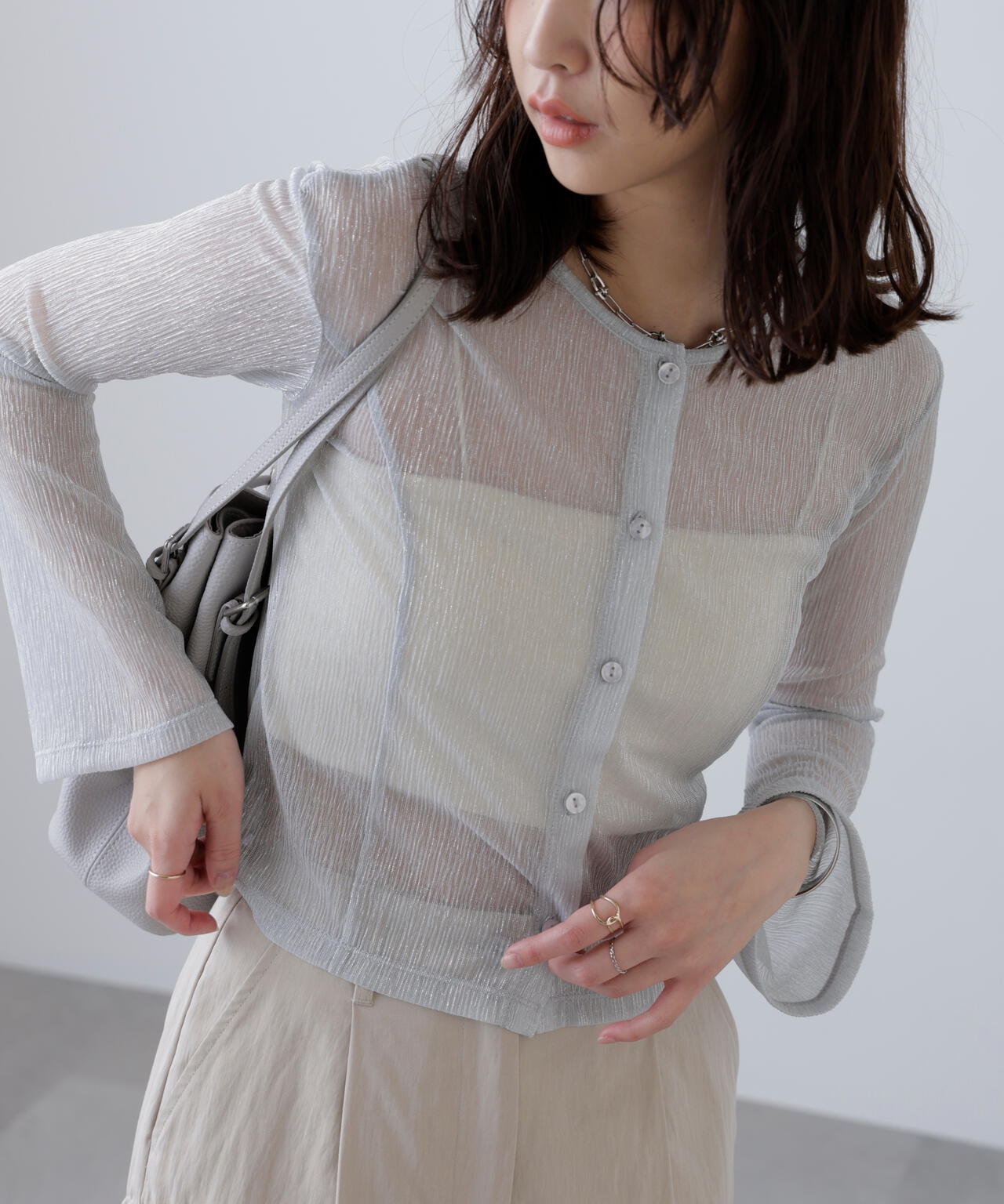 ラメシアー楊柳カットソーカーディガン