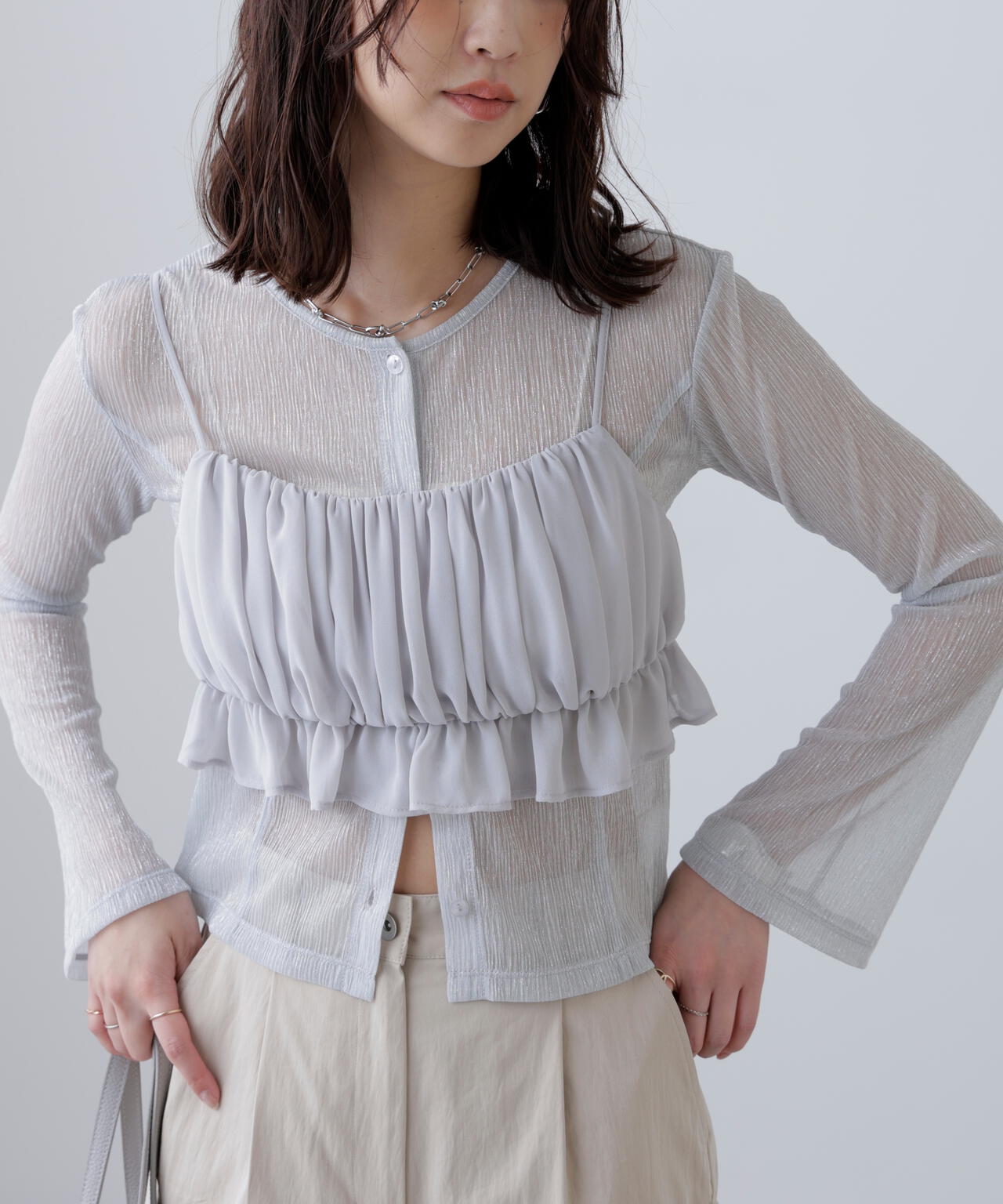 ラメシアー楊柳カットソーカーディガン