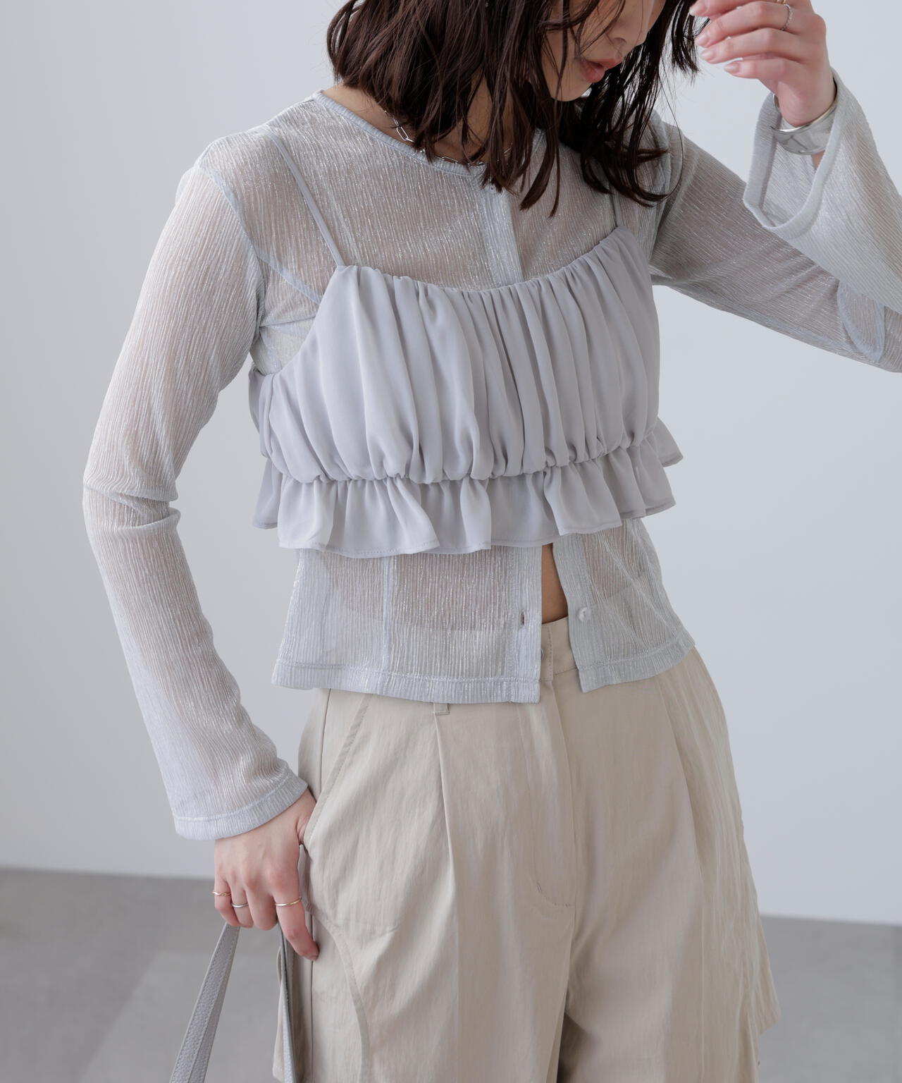 ラメシアー楊柳カットソーカーディガン