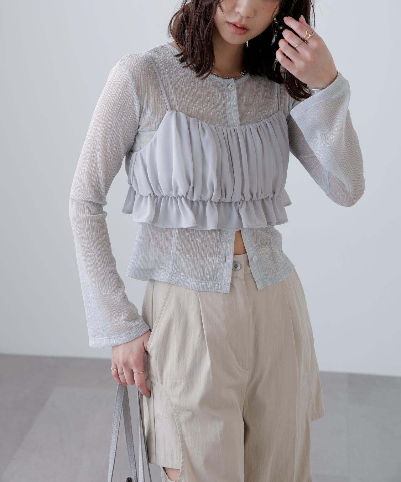 ラメシアー楊柳カットソーカーディガン