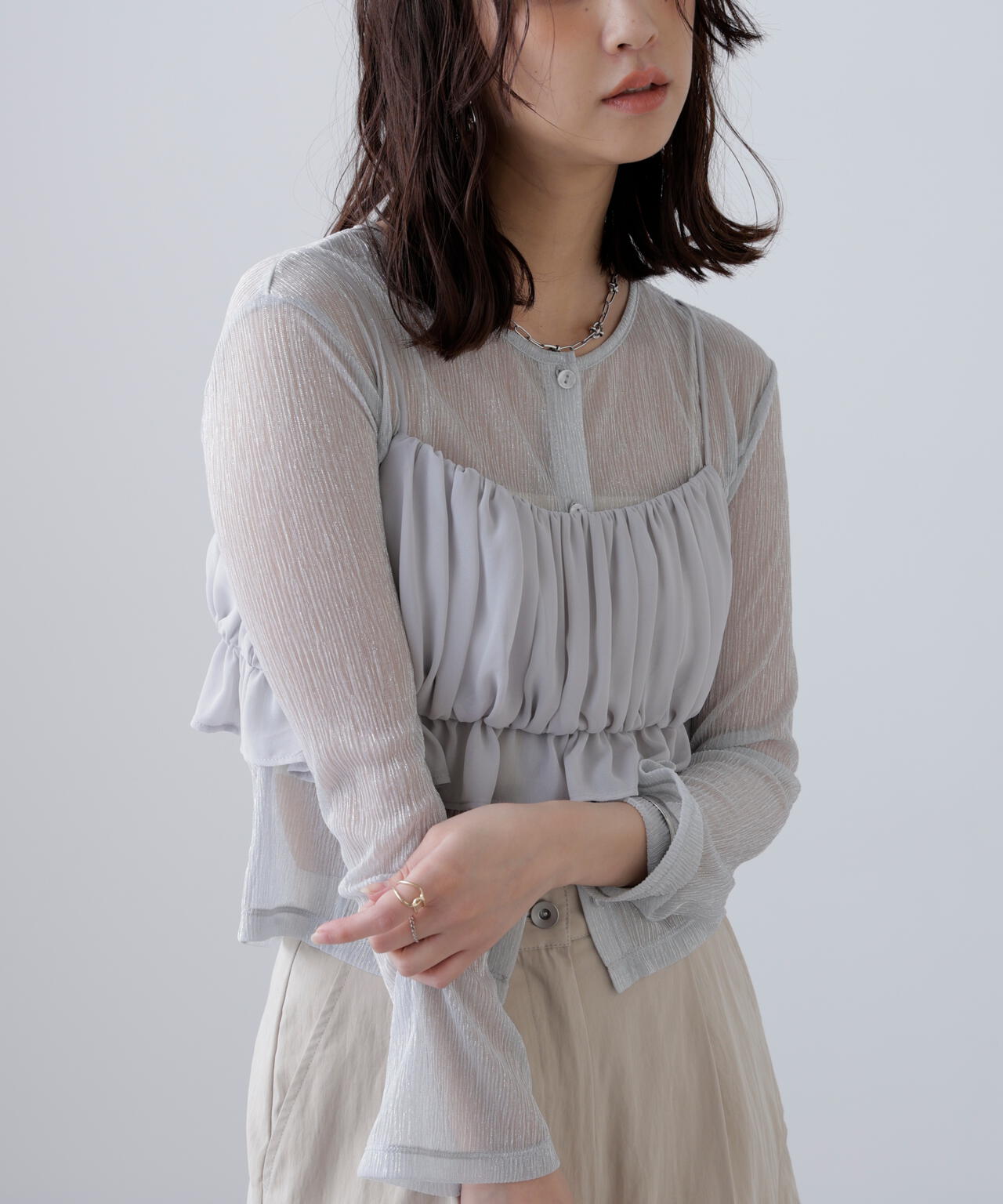 ラメシアー楊柳カットソーカーディガン