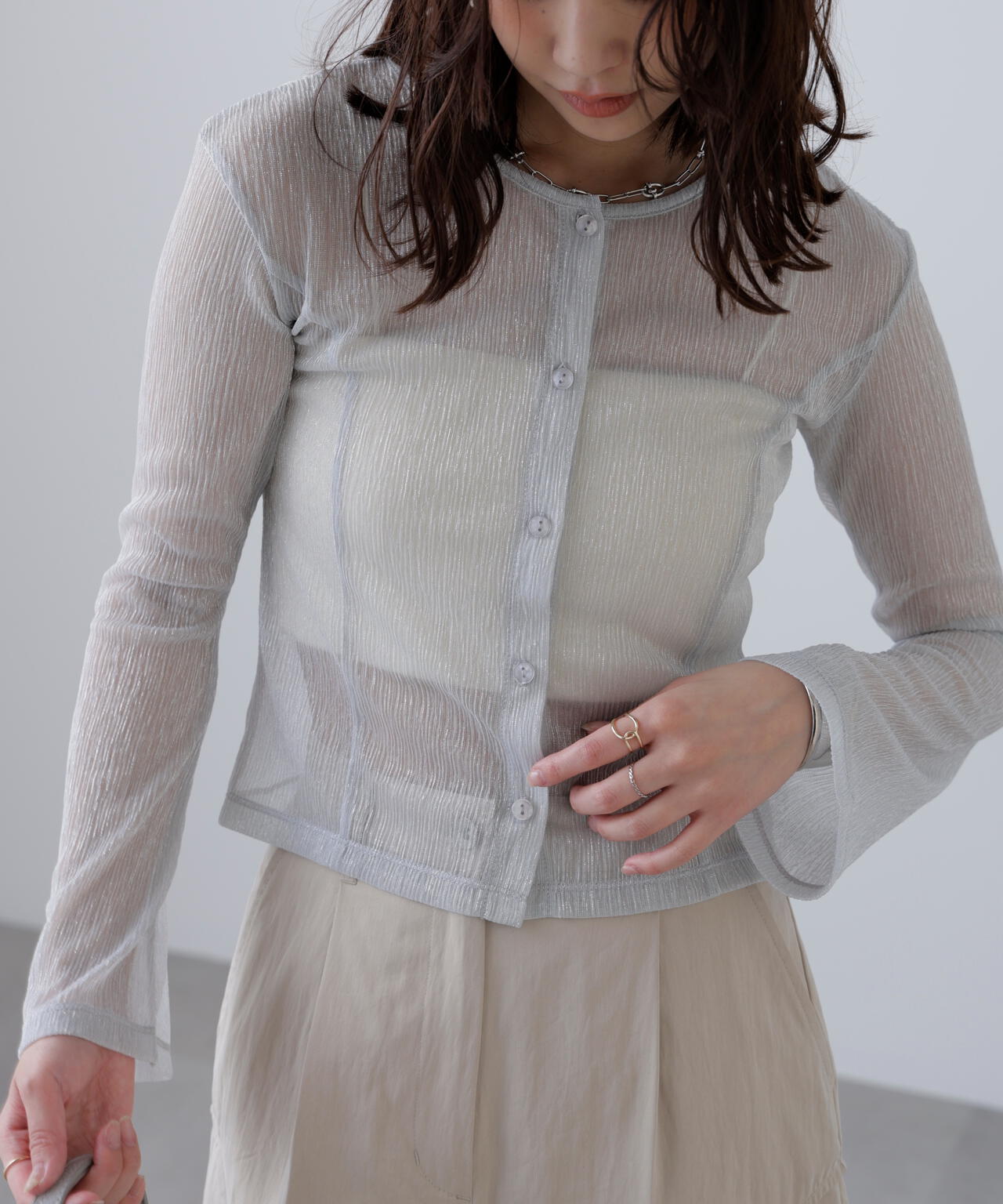 ラメシアー楊柳カットソーカーディガン