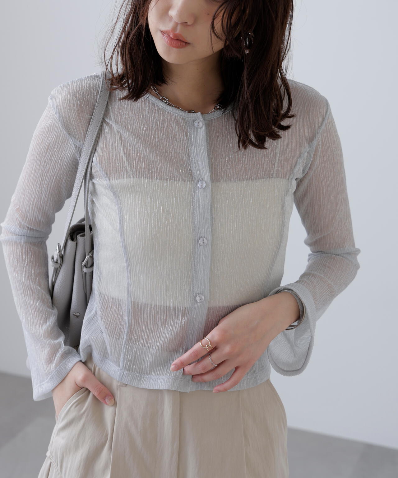 ラメシアー楊柳カットソーカーディガン