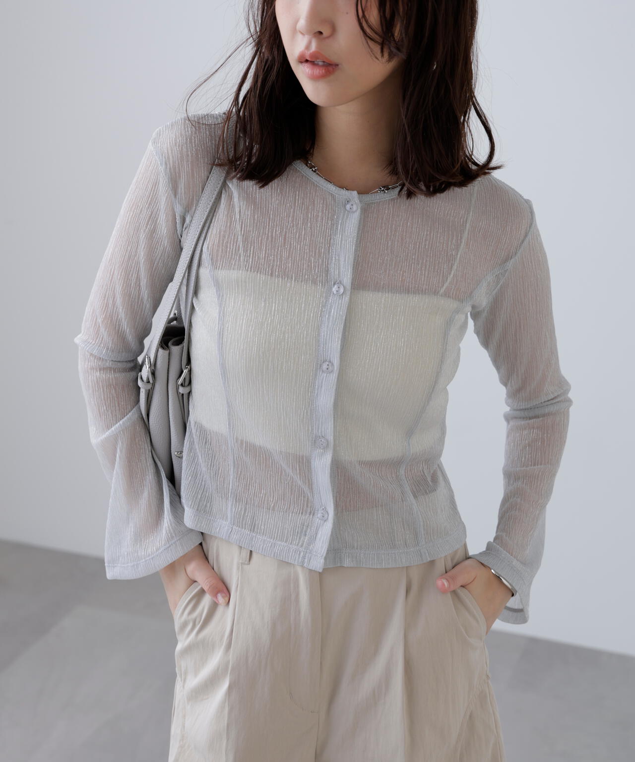 ラメシアー楊柳カットソーカーディガン