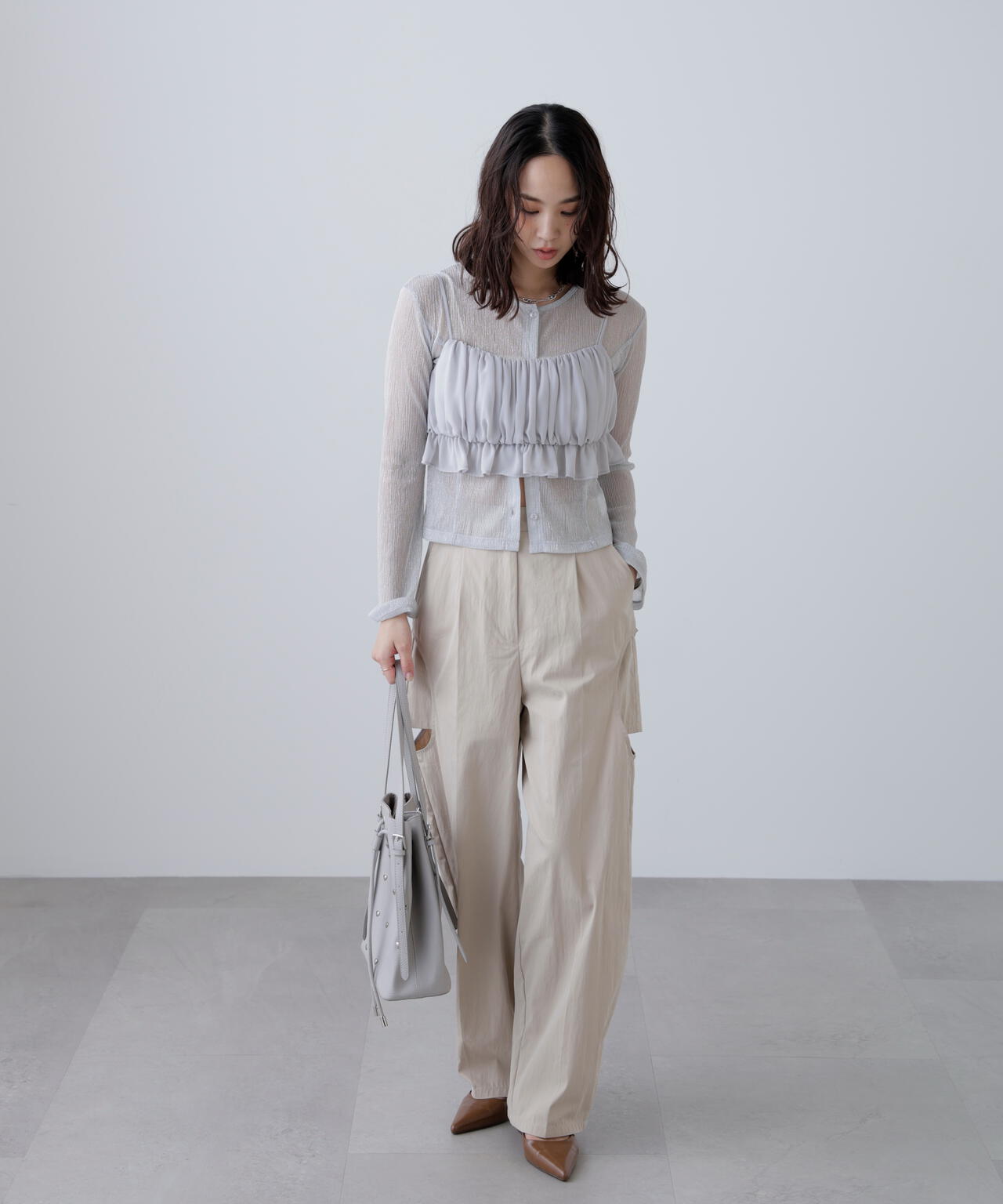 ラメシアー楊柳カットソーカーディガン