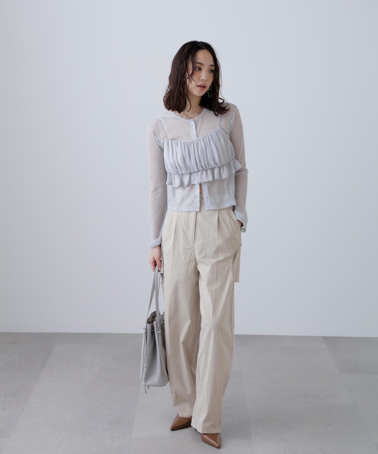 ラメシアー楊柳カットソーカーディガン