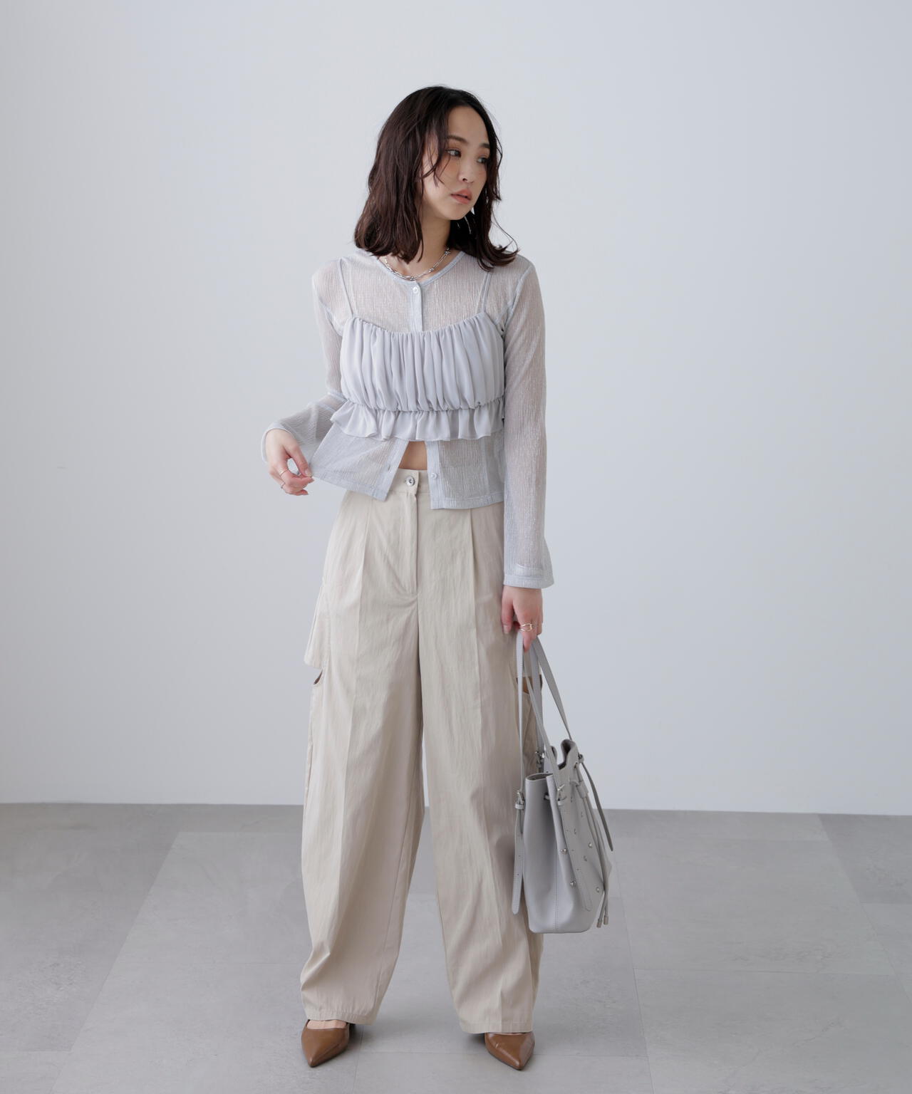 ラメシアー楊柳カットソーカーディガン