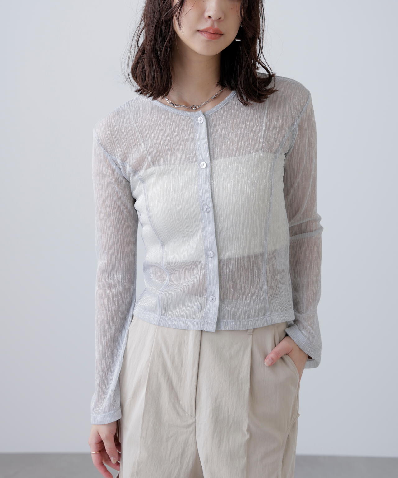 ラメシアー楊柳カットソーカーディガン