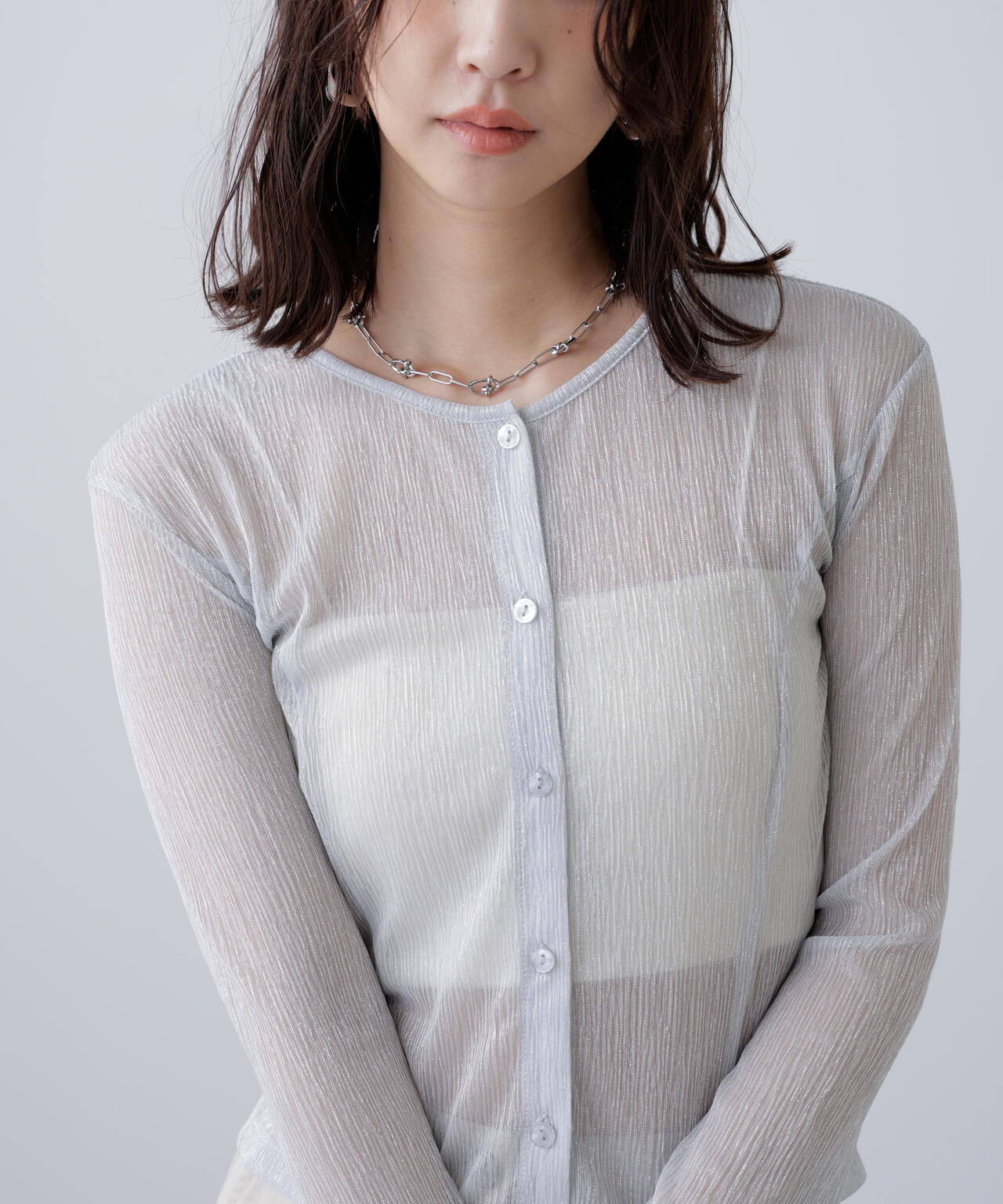 ラメシアー楊柳カットソーカーディガン