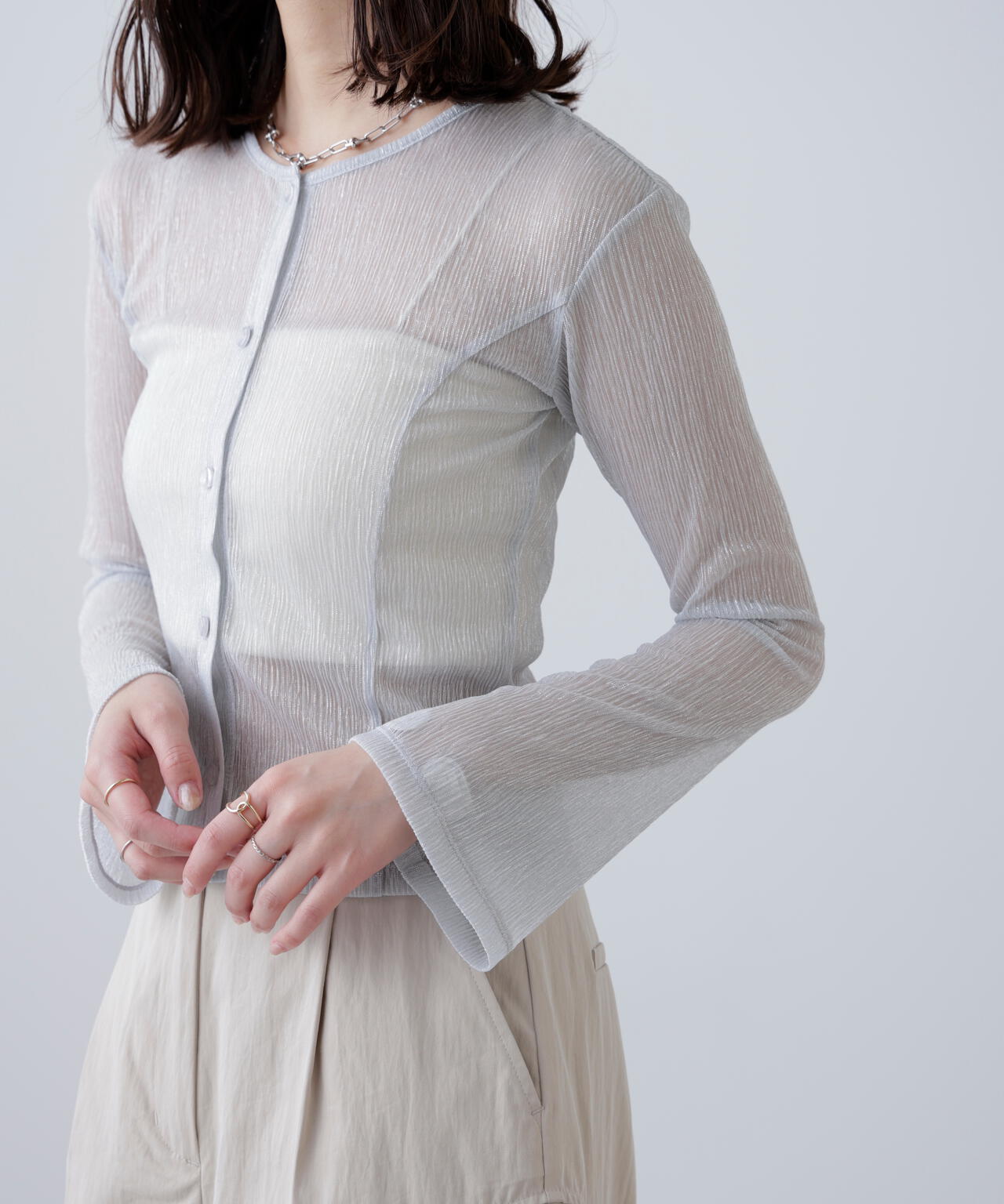 ラメシアー楊柳カットソーカーディガン