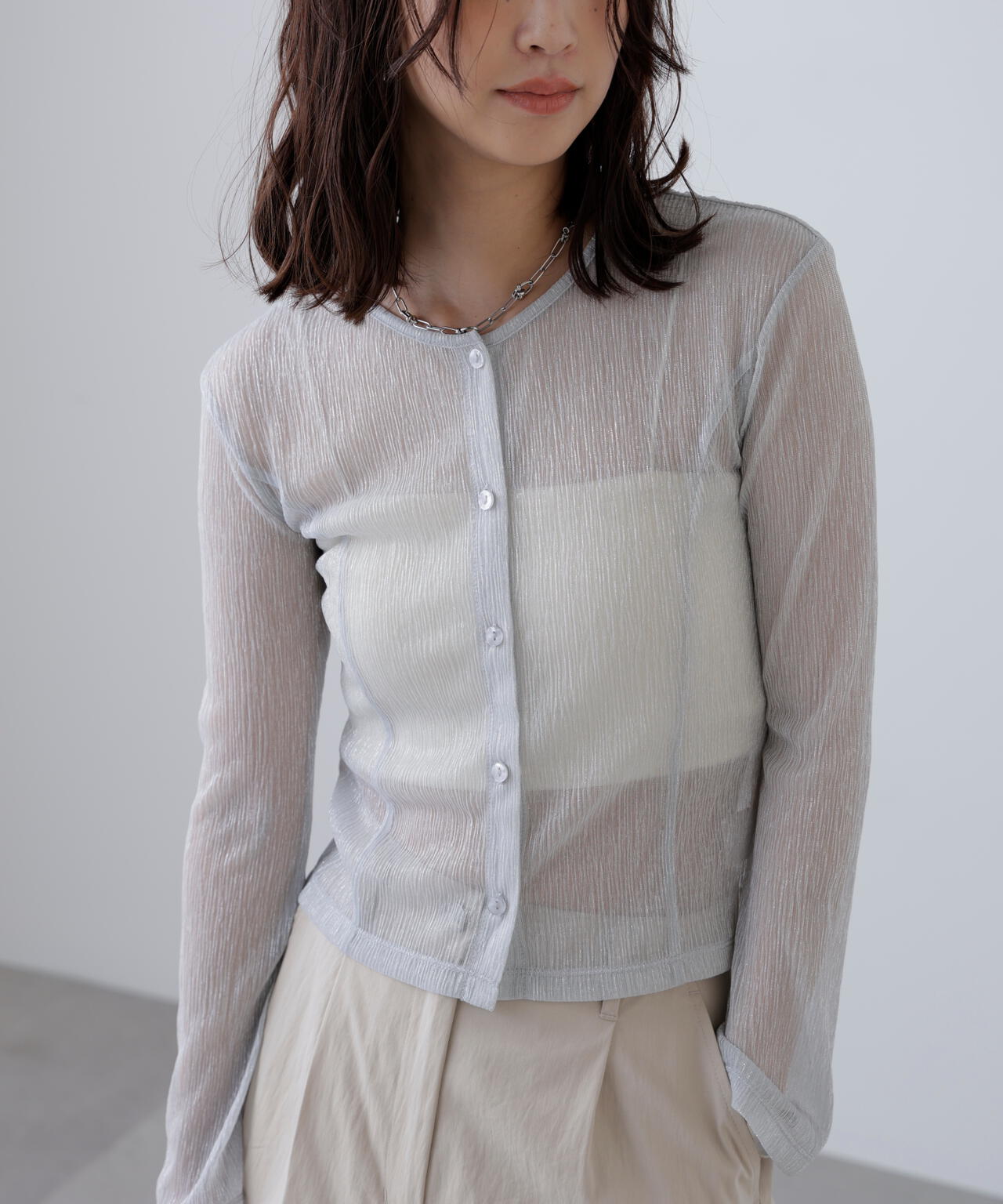 ラメシアー楊柳カットソーカーディガン