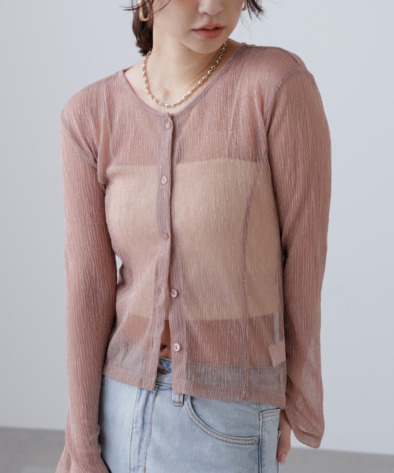 ラメシアー楊柳カットソーカーディガン