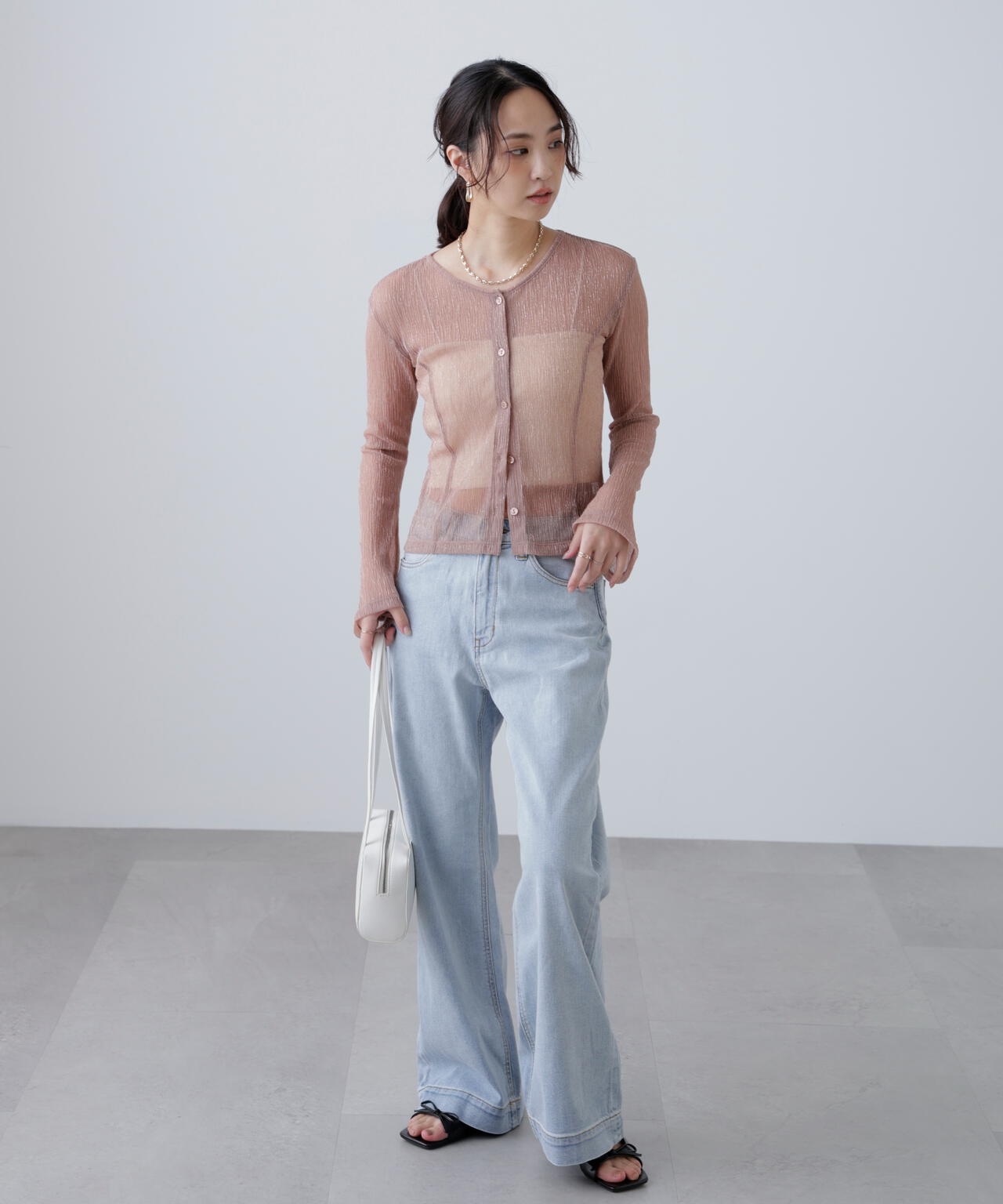 ラメシアー楊柳カットソーカーディガン