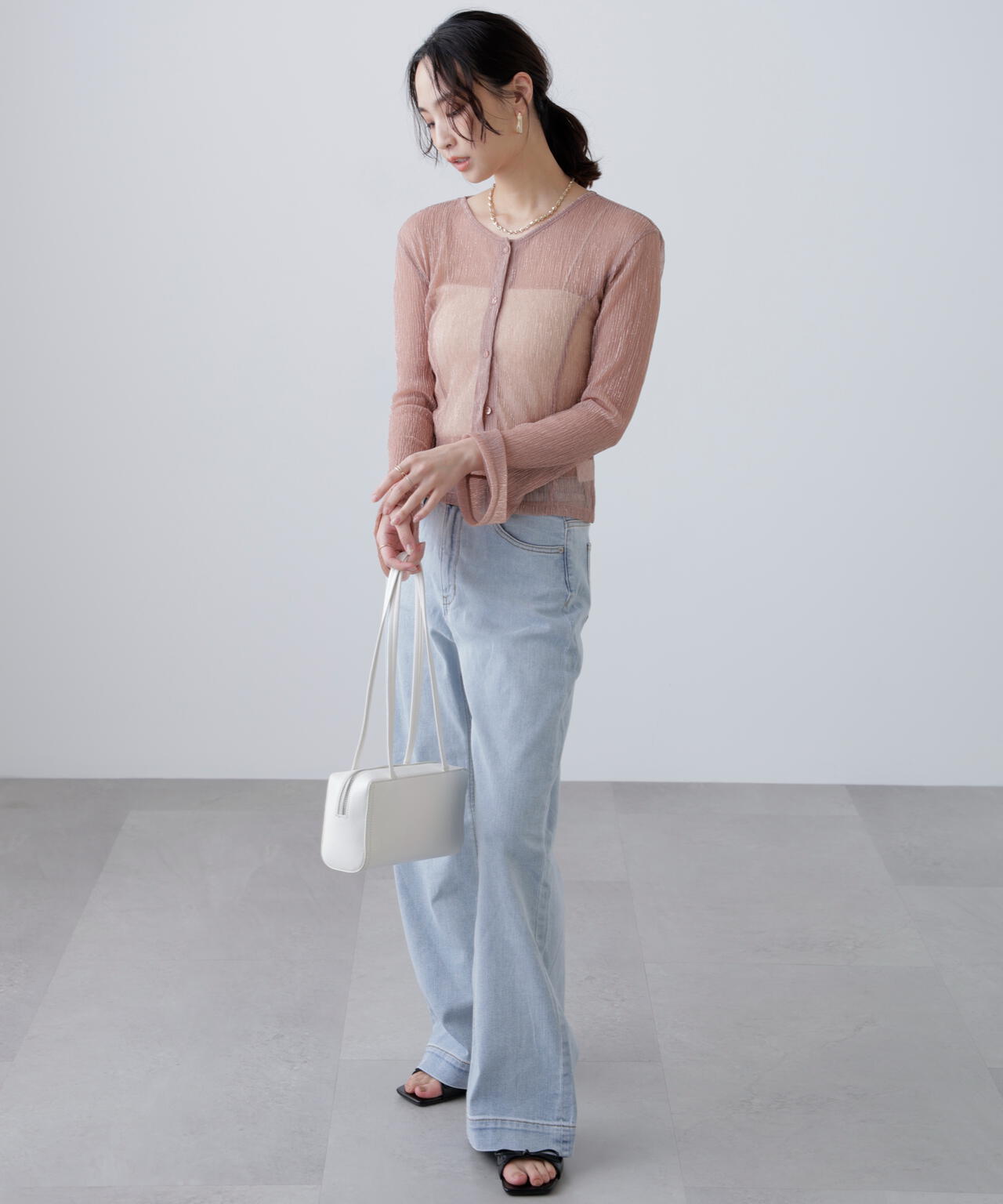 ラメシアー楊柳カットソーカーディガン