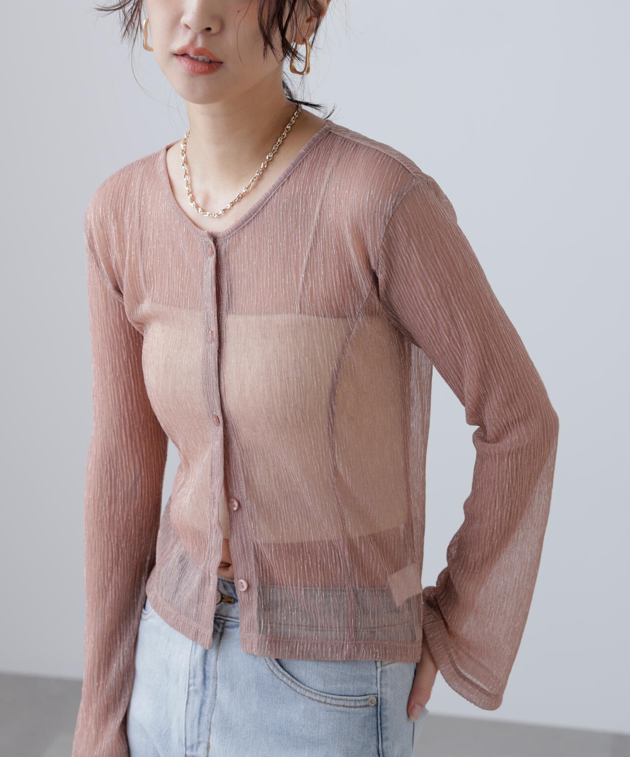 ラメシアー楊柳カットソーカーディガン