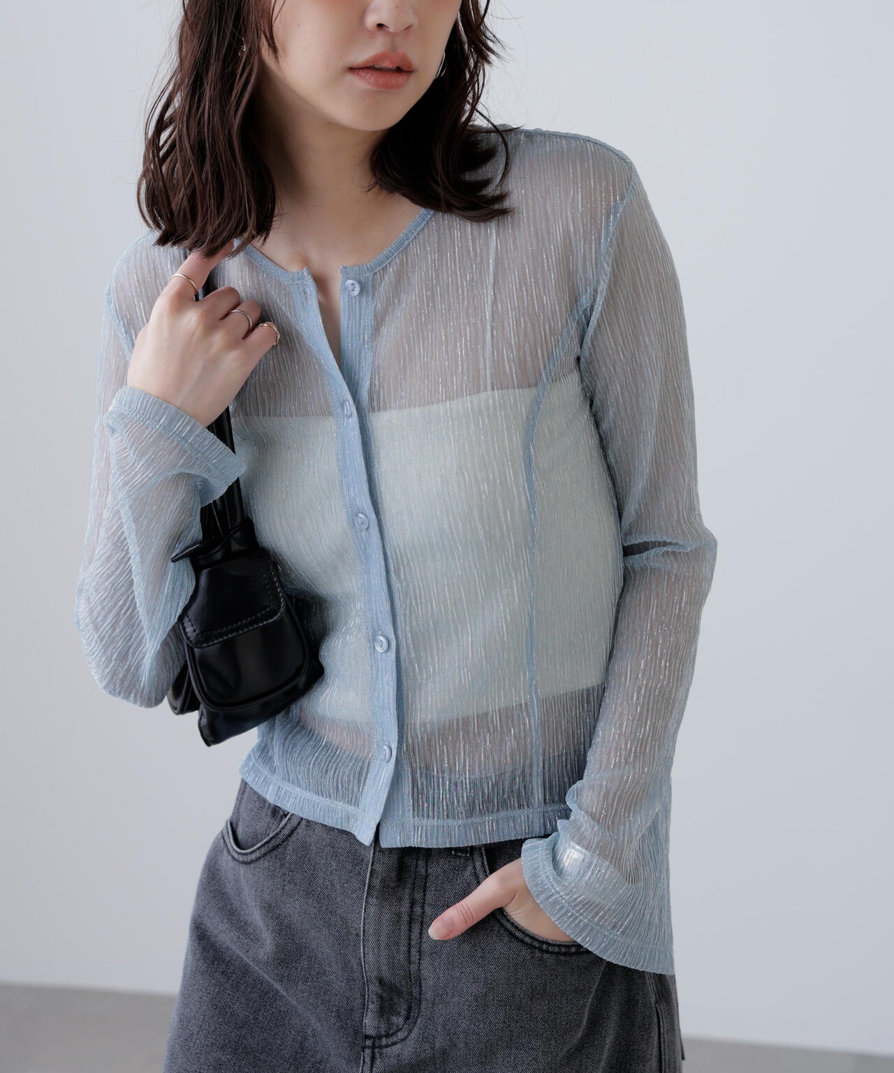 ラメシアー楊柳カットソーカーディガン