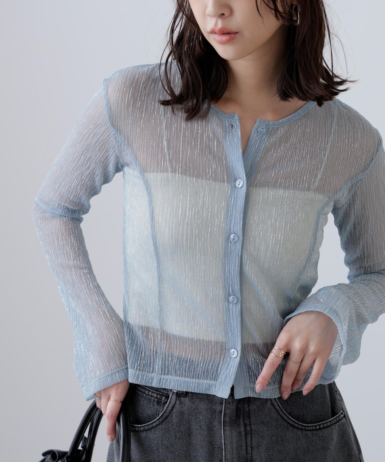 ラメシアー楊柳カットソーカーディガン