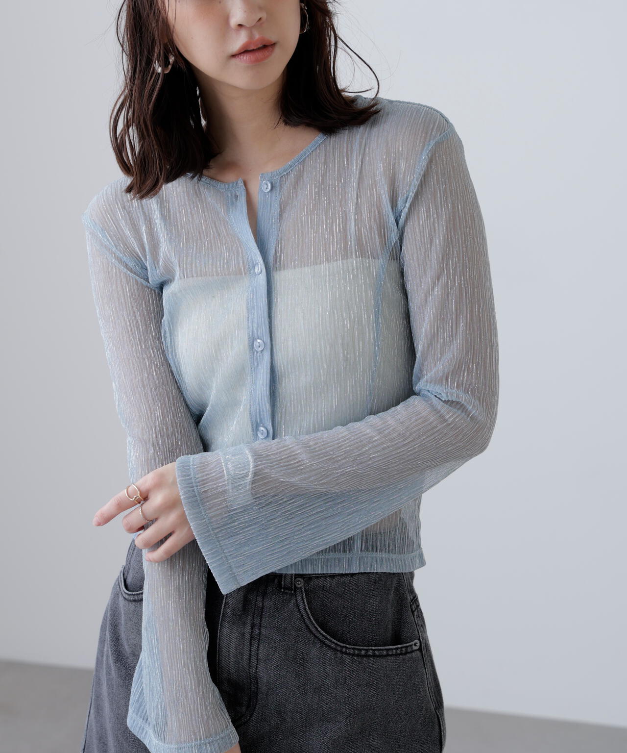 ラメシアー楊柳カットソーカーディガン