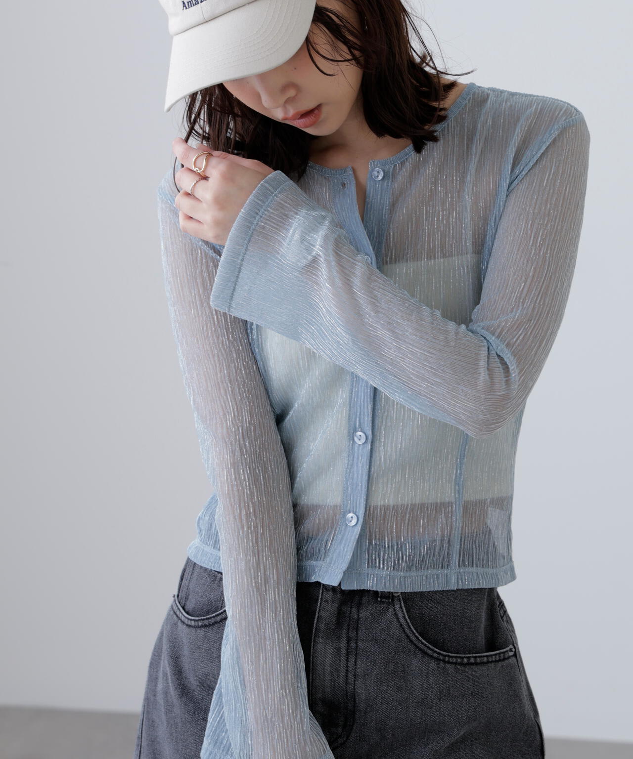 ラメシアー楊柳カットソーカーディガン
