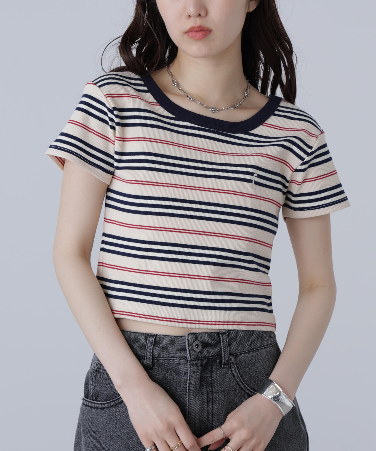 ワンポイント刺繍マルチボーダーカットソー