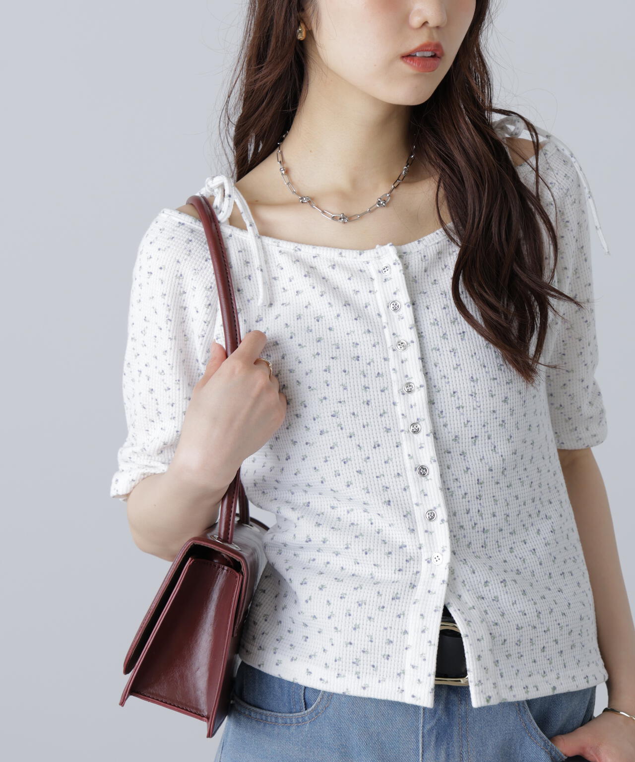 【MFM】リボンショルダー小花半袖カーディガン