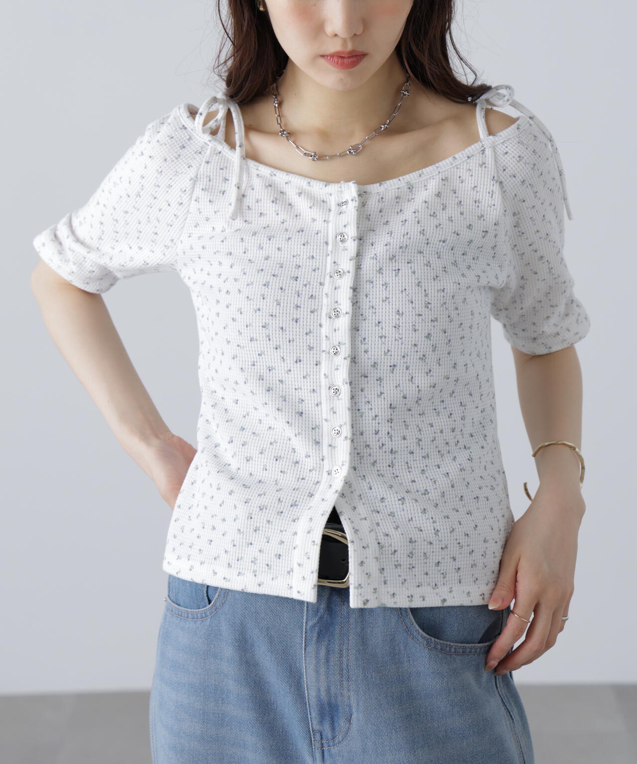 【MFM】リボンショルダー小花半袖カーディガン