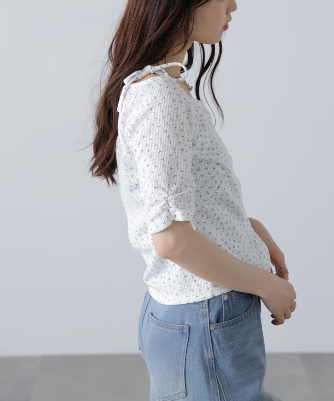 【MFM】リボンショルダー小花半袖カーディガン