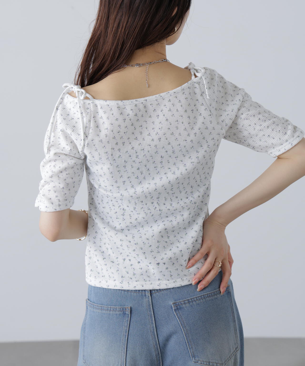 【MFM】リボンショルダー小花半袖カーディガン