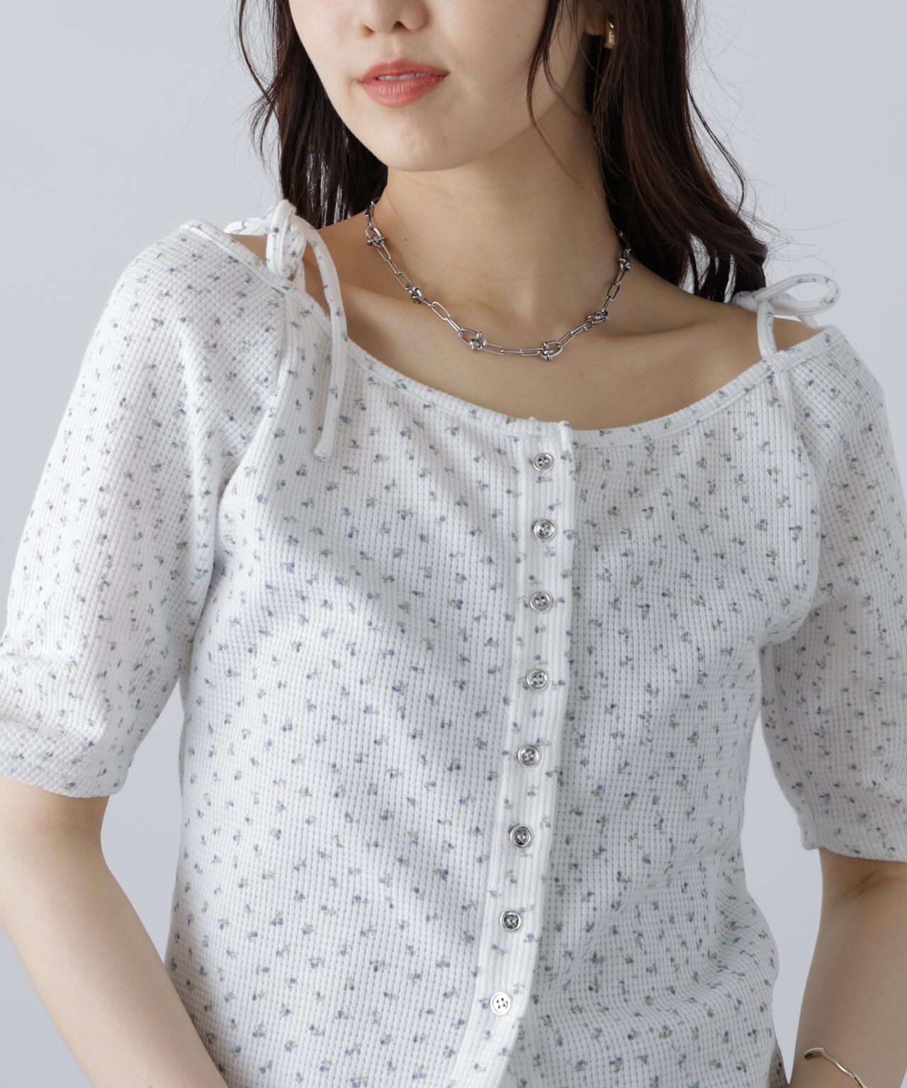 【MFM】リボンショルダー小花半袖カーディガン