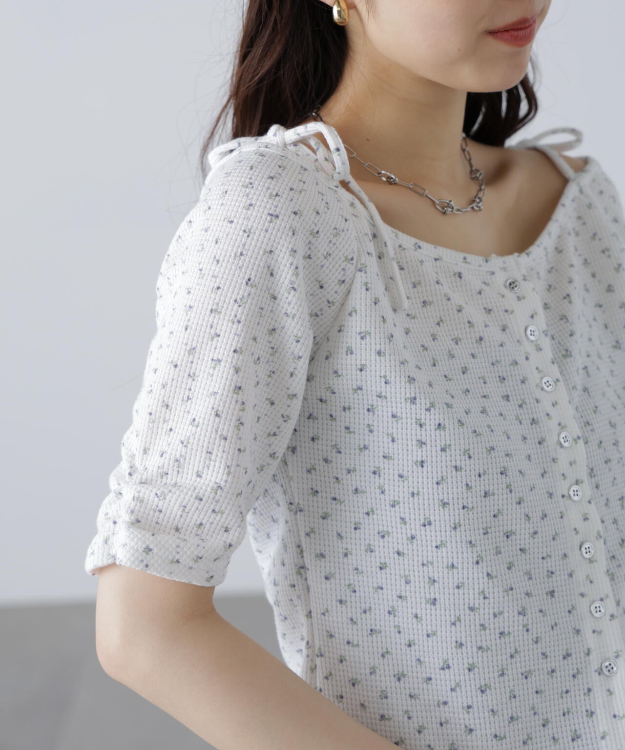 【MFM】リボンショルダー小花半袖カーディガン